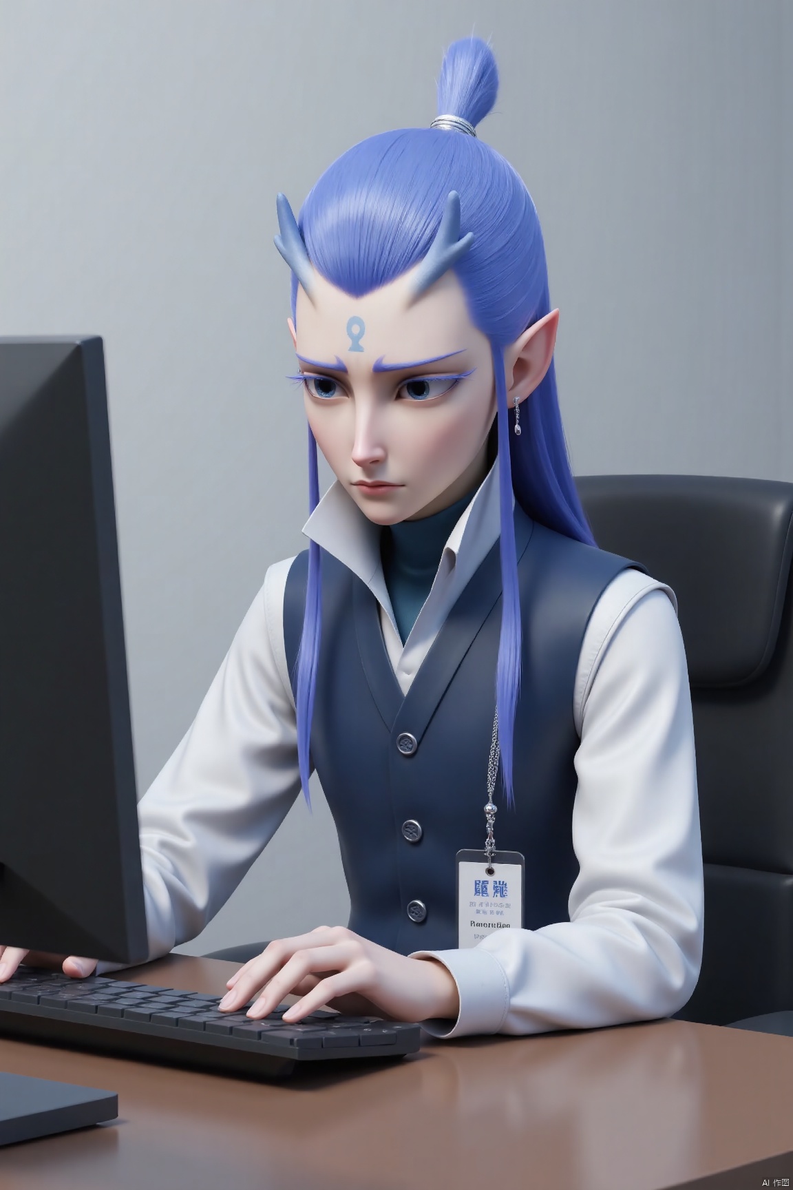 solo, long hair, looking at viewer, blue eyes, simple background, 1boy,  blue hair, upper body, ponytail, male focus, horns, pointy ears, makeup, facial mark, portrait, eyeshadow, forehead mark, hair pulled back,mmgaobing,mmgaobing,sitting at a computer desk,is typing on the keyboard,looking seriously focused on work,wearing a shirt and a vest,and carrying an ID card. The scene is set in an office.,