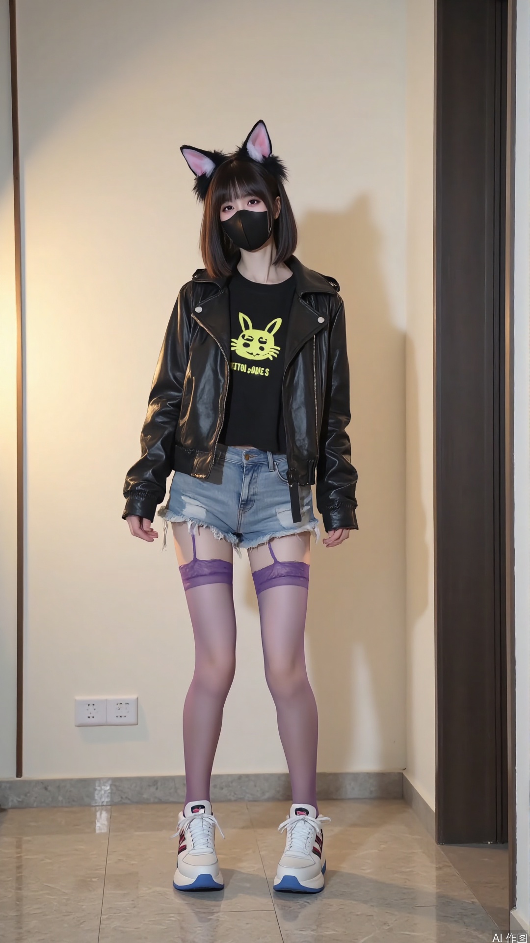 1girl, long hair, purple black red hair, standing, black shiny t-shirt,black big shiny jacket,purple black shiny pantyhose,with black frames glasses,White blue platform sports shoes.long legs,indoor,yellow light background,simple background,grey Denim hot pants,mouth mask,mask lift,Best quality, masterpiece, high resolution, surrealist illustrations, original, extremely detailed wallpaper, blue eyes, tall, ,black fluorescent jacket, long sleeves, bangs, zippers, sneakers, short hair, hood, mouth cover, shorts, White shorts, hood cover, Simple background, motion photography, glow, backlight.,1girl
looking at viewer


long sleeves
animal ears
full body
yellow shirt lift
Bra, underwear
indoors
long rabbit ears
blunt bangs
animal ear fluff
breast
white luminous
Sneakers 
hood
face
Enjoy face