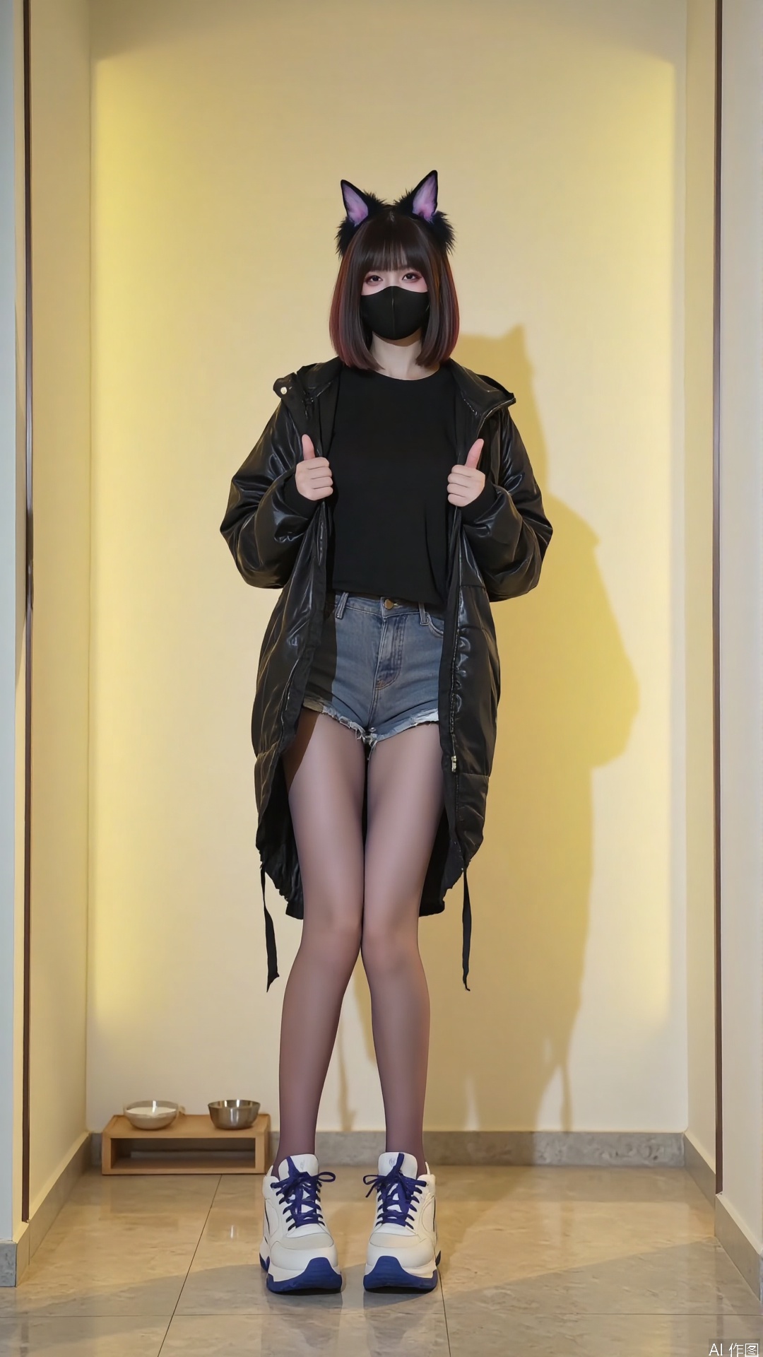 1girl, long hair, purple black red hair, standing, black shiny t-shirt,black big shiny jacket,purple black shiny pantyhose,with black frames glasses,White blue platform sports shoes.long legs,indoor,yellow light background,simple background,grey Denim hot pants,mouth mask,mask lift,Best quality, masterpiece, high resolution, surrealist illustrations, original, extremely detailed wallpaper, blue eyes, tall, ,black fluorescent jacket, long sleeves, bangs, zippers, sneakers, short hair, hood, mouth cover, shorts, White shorts, hood cover, Simple background, motion photography, glow, backlight.,1girl
looking at viewer


long sleeves
animal ears
full body
yellow shirt lift
Bra, underwear
indoors
long rabbit ears
blunt bangs
animal ear fluff
breast
white luminous
Sneakers 
hood
face
Enjoy face