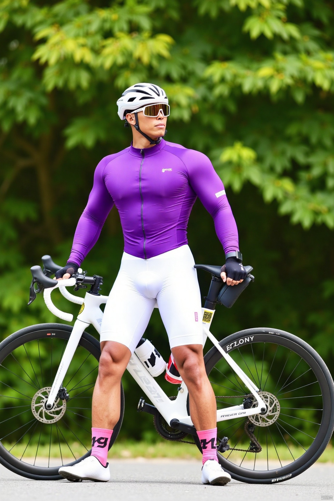 jzns,bikesuit,muscular, fingerless gloves, He holds the bicycle with both hands and stands with his feet apart, exuding a composed aura. He wears a white helmet and cool goggles. The long - sleeved purple cycling top is full of texture, paired with white cycling shorts, presenting a unique style. On his feet are pink socks with eye - catching black letter patterns printed on them. The contrast of colors adds a touch of brightness and personality to the overall look. Against the backdrop of the lush green outdoor environment, the leisurely and carefree nature of cycling is showcased., fingerless gloves