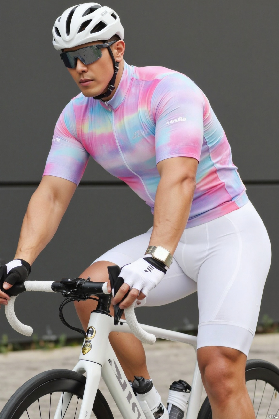 jzns,bikesuit,muscular,he leans forward, gripping the handlebar tightly with both hands and focusing ahead.  The colorful cycling jersey on his upper body is brightly - colored and made of light material. Through the jersey, the inner vest can be vaguely seen, adding layers to the overall look. The white cycling shorts he pairs with fit closely, clearly outlining the bulge, showing masculine strength and virility. wearing white knee socks. with a gray wall as the background, his dynamic and vitality are further highlighted., fingerless gloves,csns