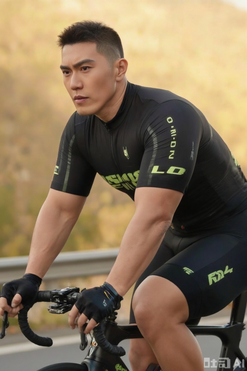 A male cyclist with a strong build, wheat-colored skin, deep and three-dimensional facial features, and determined and focused eyes. He is wearing a professional and close-fitting black bikesuit with fluorescent brand logo lines on it. His body is leaning forward, his arms are swinging powerfully, and his legs are pedaling the pedals quickly. The background is a mountain road illuminated by the sun, with interlaced light and shadow. The artistic style is realistic, shot with a Canon 5D4 camera at an aperture of F4. The overall color tone is warm yellow, with no special effects.,xnz,wjc