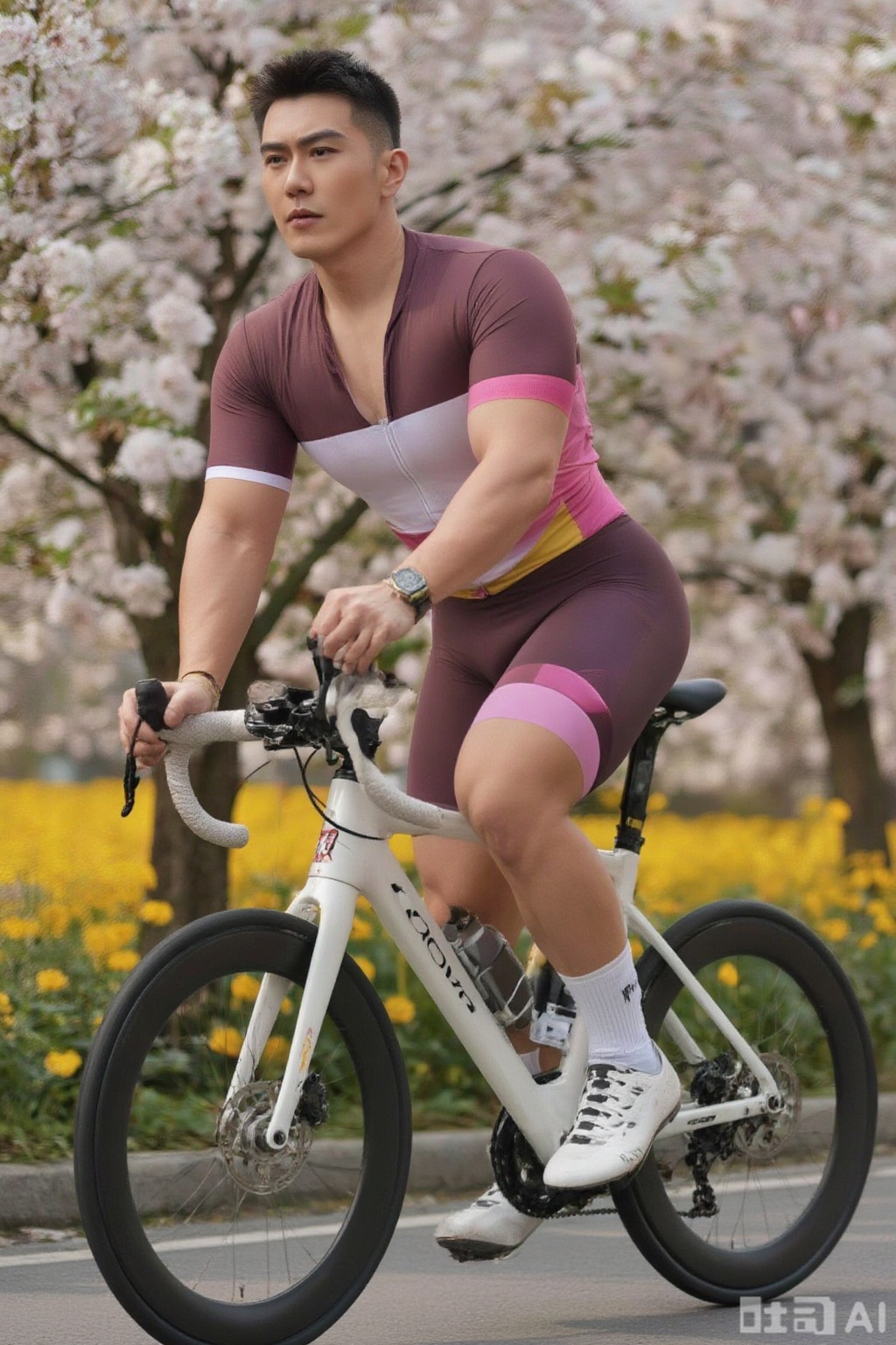 A handsome male cyclist with a strong build, wheat-colored skin, deep and three-dimensional facial features, and determined and focused eyes. He is wearing a professional and close-fitting vibrant colors bikesuit and paired with white knee socks.His body is leaning forward, his arms are swinging powerfully, and his legs are pedaling the pedals quickly. The background is Cherry blossoms trees,golden rapeseed field,a mountain road illuminated by the sun, with interlaced light and shadow. The artistic style is realistic, shot with a Canon 5D4 camera at an aperture of F4.,xnz,wjc