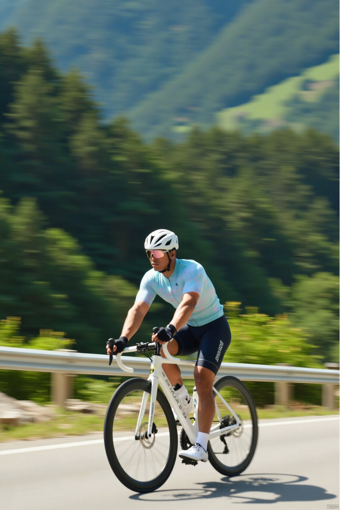A male cyclist dressed in professional cycling gear, wearing a streamlined helmet, with a backdrop of winding mountain roads and lush forests. Captured in a sports photography style, highlighting the dynamic moment of the cyclist in high-speed motion. Utilizing professional camera equipment, such as the Canon EOS R5 with a 70-200mm f/2.8 lens, shutter speed 1/1000s, aperture f/4, ISO 200. The color tone is predominantly natural green, complemented by the golden hues of sunlight, with slight motion blur added for effect to emphasize the sense of speed.