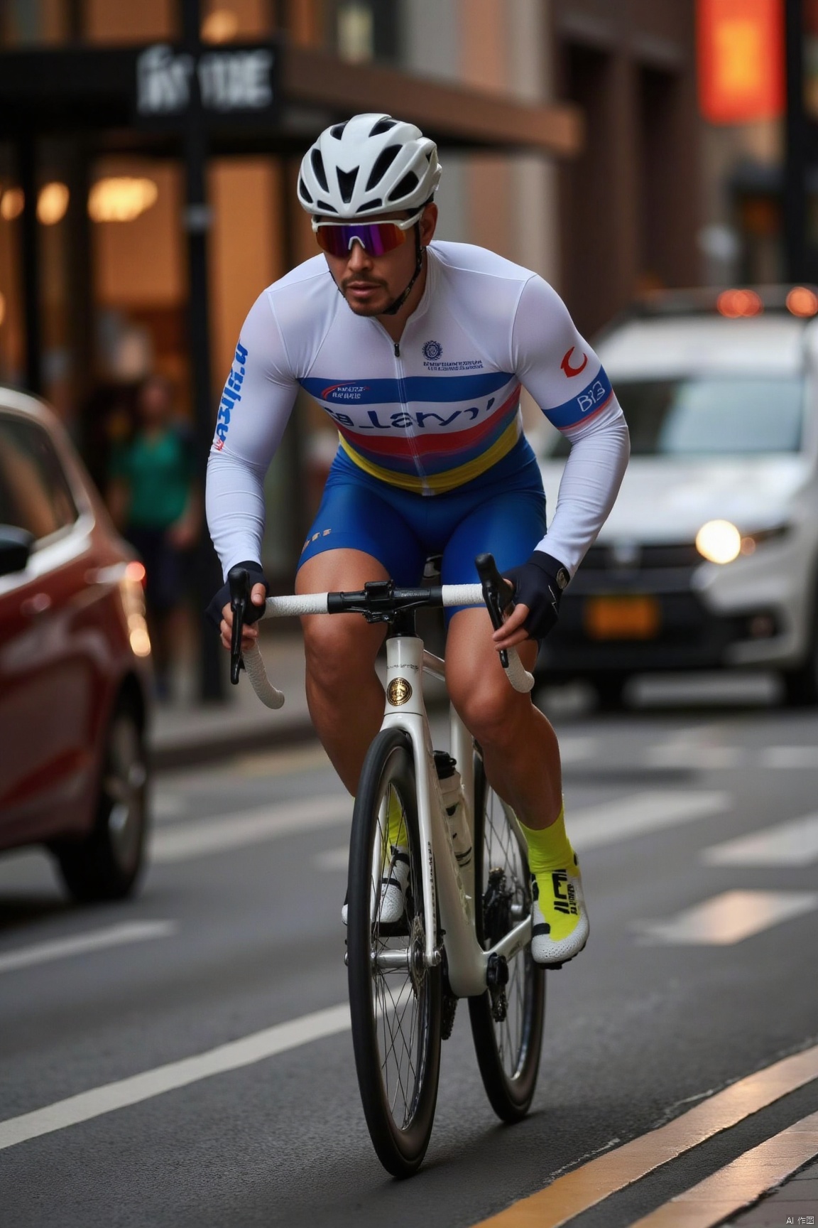 Clothing: Professional cycling gear, tight-fitting design, vibrant colors with brand logos.
Scene: Urban street, blurred background, highlighting the cyclist.
Art/Photography Style: Dynamic capture, emphasizing speed and strength.
Master Style: Inspired by Steve McCurry's humanistic photography, focusing on details and emotional expression.
Professional Equipment Parameters: Canon EOS R5, 85mm f/1.2 lens, shutter speed 1/1000s, ISO 200.
Tone/Effects: Warm tones, enhanced contrast, slight motion blur effect.