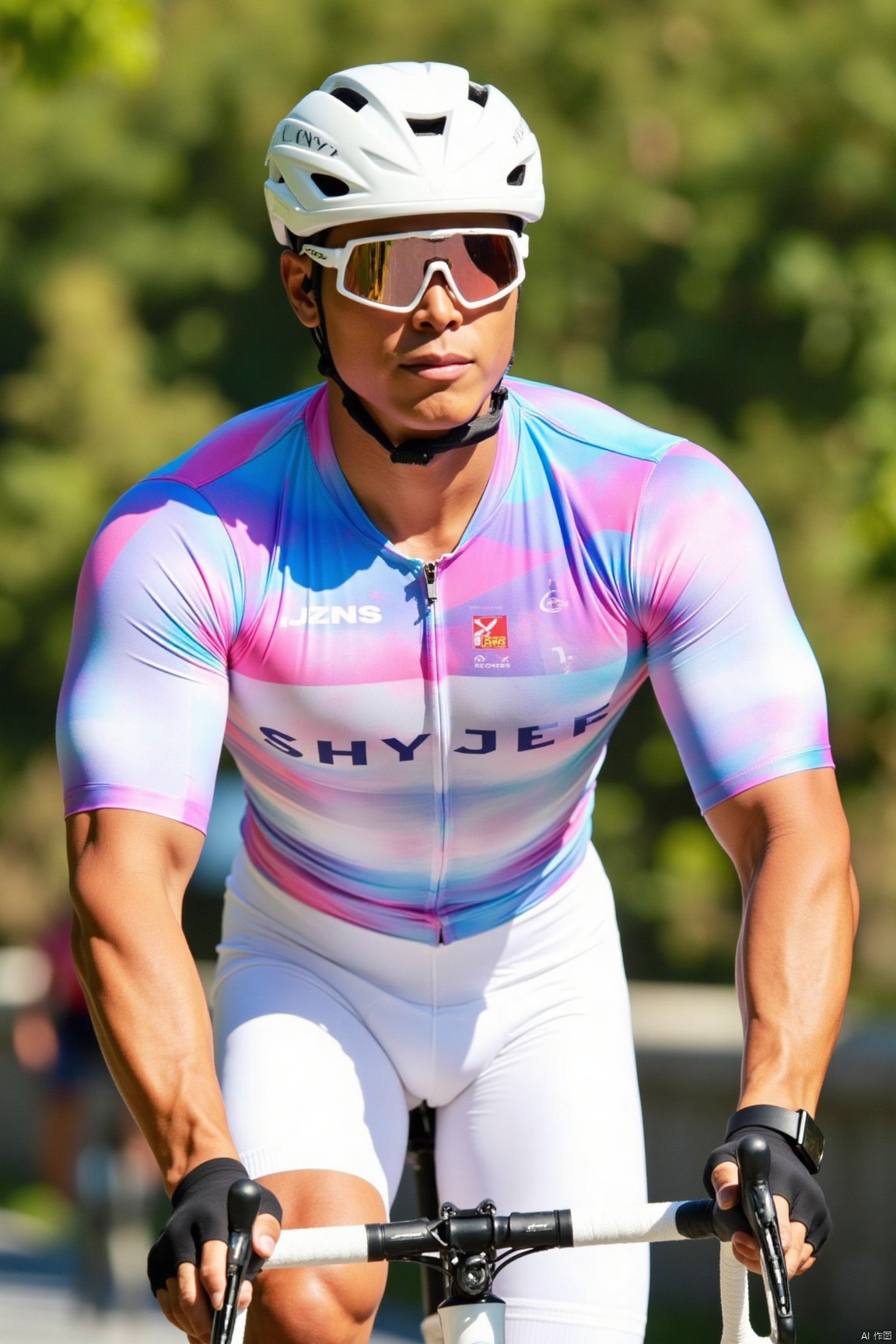 jzns,bikesuit,muscular, He leans forward and cycles on the road, with a focused expression showing his professionalism. The colorful cycling jersey and white cycling shorts on his body are particularly eye - catching in the sun. Through the colorful jersey, the inner vest can be seen, adding details to the cycling outfit. The white cycling shorts fit his legs and highlight the bulge, showing masculine strength and dynamics. He wears a white helmet, and the goggles protect his eyes. The background is the road and green plants, showing the freedom and joy of cycling.