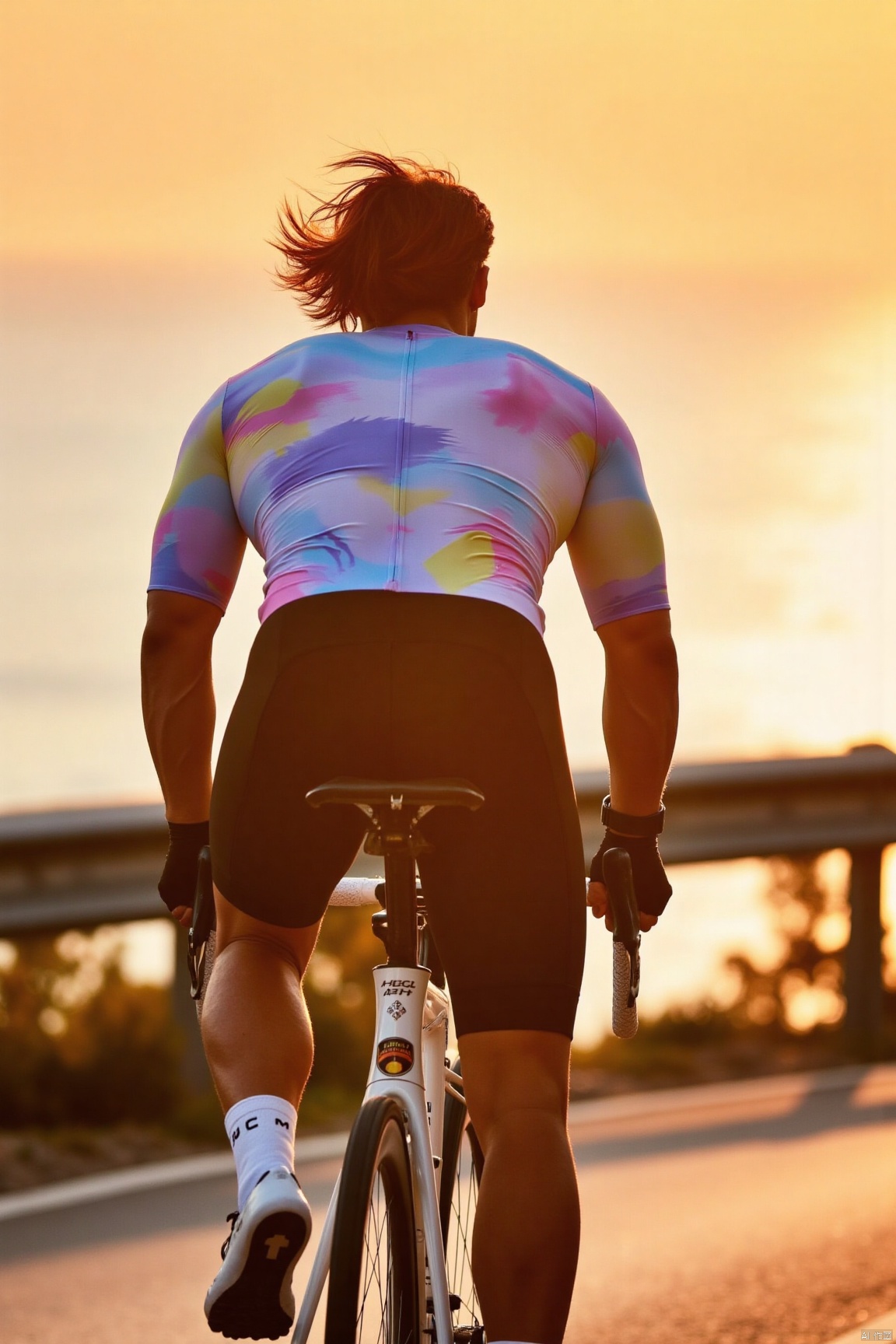 Clothing: Male cyclist in professional cycling gear, tight-fitting design, vibrant colors, with gloves, no helmet, hair flowing in the wind.
Scene: Riding on a coastal road at sunset, with a golden sunset and shimmering sea in the background, the road stretching into the distance.
Art/Photography Style: Backlight photography style, highlighting the cyclist's silhouette and contours, creating a warm and narrative atmosphere.
Professional Equipment Parameters: Medium telephoto lens (85mm), aperture f/4, shutter speed 1/500s, ISO 200, ensuring detail and light/shadow contrast.
Tone/Effects: Warm tones dominate, with the golden sunset contrasting against the blue sea, post-processing with soft light effects to enhance a dreamy feel.