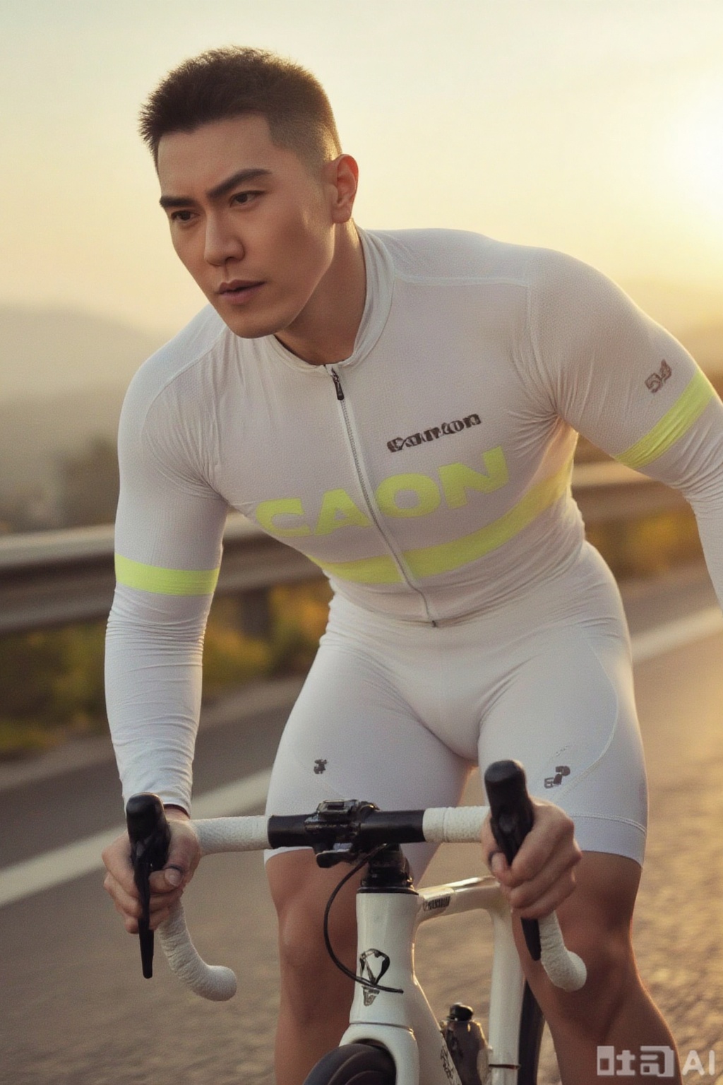 A male cyclist with a strong build,  wheat-colored skin,  deep and three-dimensional facial features on Tensor.Art