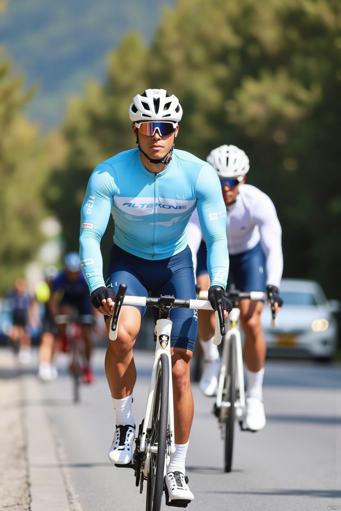 Clothing: Male cyclist in professional cycling gear, tight-fitting design, vibrant colors, with helmet and gloves.
Scene: Riding on city streets or mountain roads, blurred background to highlight the cyclist's motion.
Art/Photography Style: Sports photography style, capturing dynamic moments, low-angle shot for visual impact.
Professional Equipment Parameters: High-speed shutter (1/1000s or faster), wide aperture (f/2.8), ISO 100, ensuring sharp focus and blurred background.
Tone/Effects: Natural lighting, high color saturation, post-processing with motion blur effects to enhance the sense of speed.