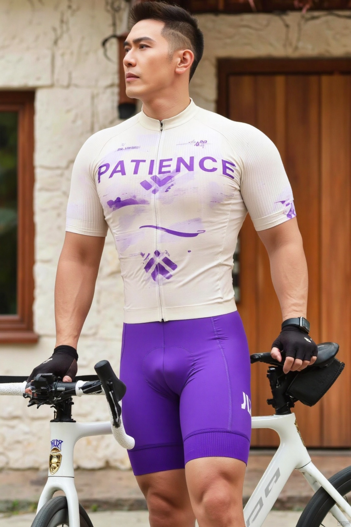 jzns,bikesuit,muscular, fingerless gloves, He stands sideways, holding the bicycle with one hand, looking stylish. He wears an off - white short - sleeved cycling jersey on the upper body, with the word "PATIENCE" in purple and a unique pattern printed on the front, full of personality. Under the light - weight short - sleeved jersey, the inner vest can be vaguely seen, adding a sense of layering to the look. He pairs it with purple cycling shorts that fit closely, outlining a distinct bulge and highlighting masculine charm. The background is a stone - built building and a wooden door, creating a unique atmosphere., fingerless gloves