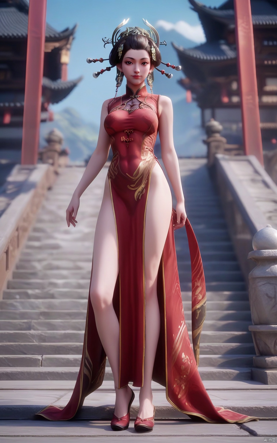 score_9, score_8_up, score_7_up,highly detailed digital,CG,1girl, solo, black eyes,looking_at_viewer, breasts, brown hair, hair ornament,red dress, full body,chinese_clothes,
