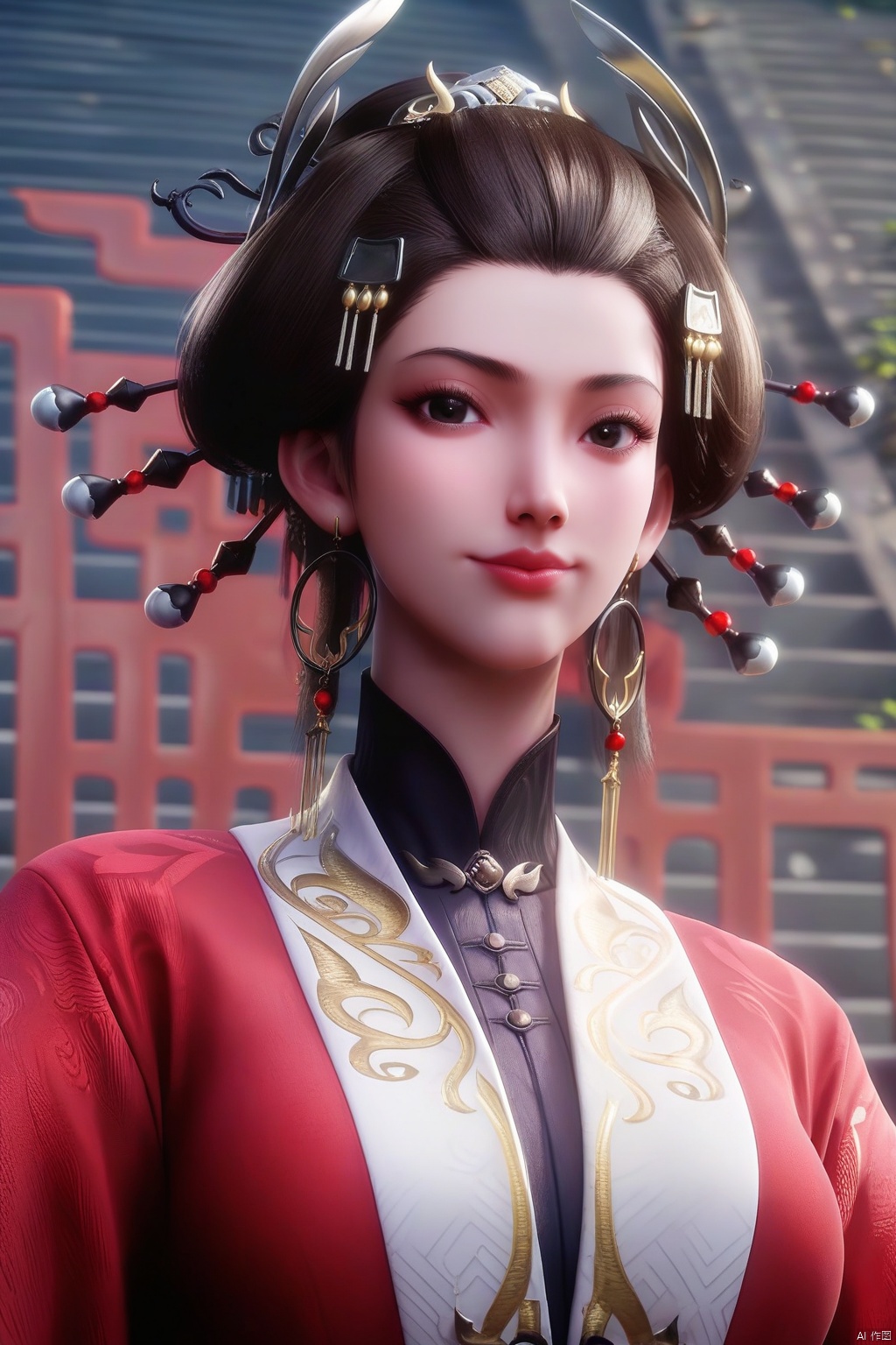 score_9, score_8_up, score_7_up,highly detailed digital,CG,1girl, solo, closed mouth, black eyes, lips, portrait,looking_at_viewer, breasts, brown hair, hair ornament,red dress, upper body,chinese_clothes,