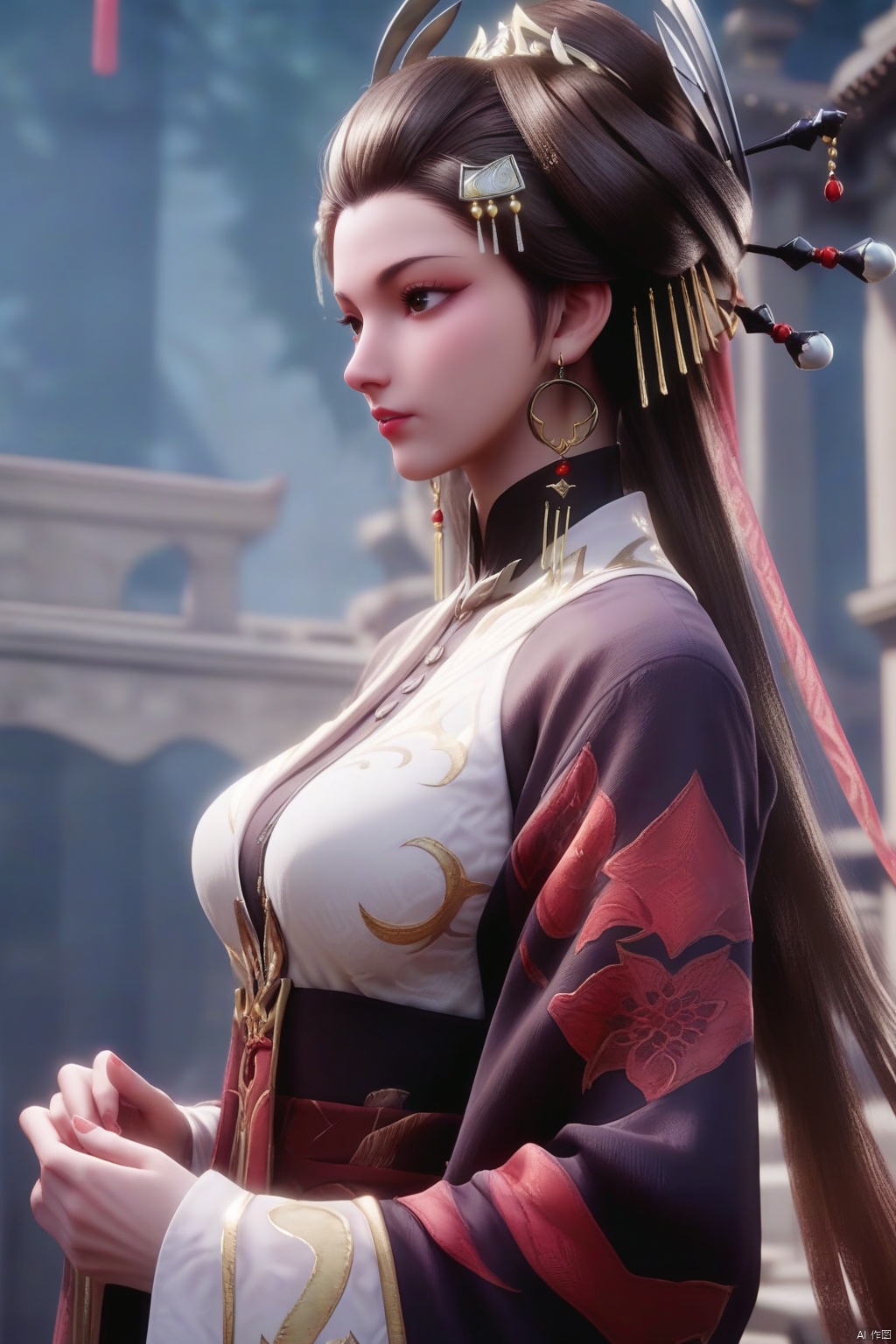 score_9, score_8_up, score_7_up,highly detailed digital,CG,1girl, solo, long hair, breasts, brown hair, hair ornament,  dress, upper body,