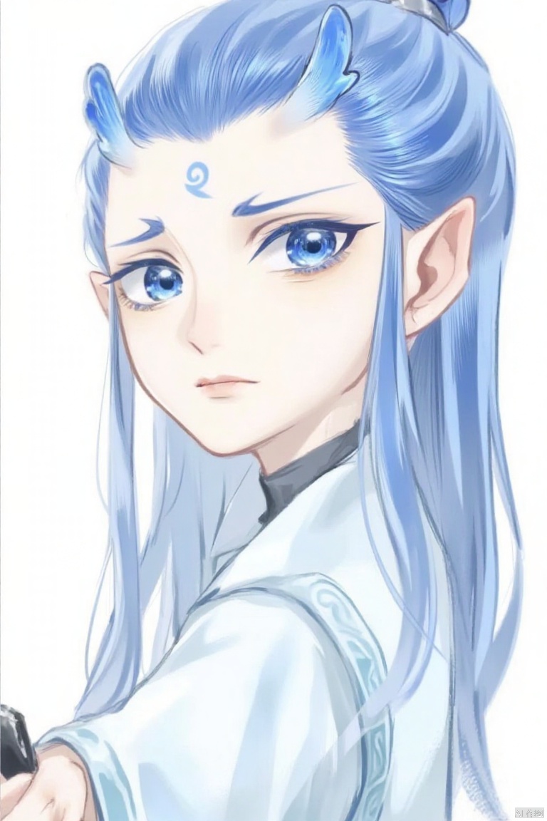 yanshangyue_aobing

An animated drawing of a girl with blue hair and blue eyes. Her hair is tied up in a ponytail with a bow at the top of it. Her eyes are a piercing blue color. Her eyebrows are a darker shade of blue as well as her lips are a lighter shade of brown. She is wearing a light blue shirt with a white collar. Her left hand is resting on her hip and her right hand is holding a black object. The background is a solid white.