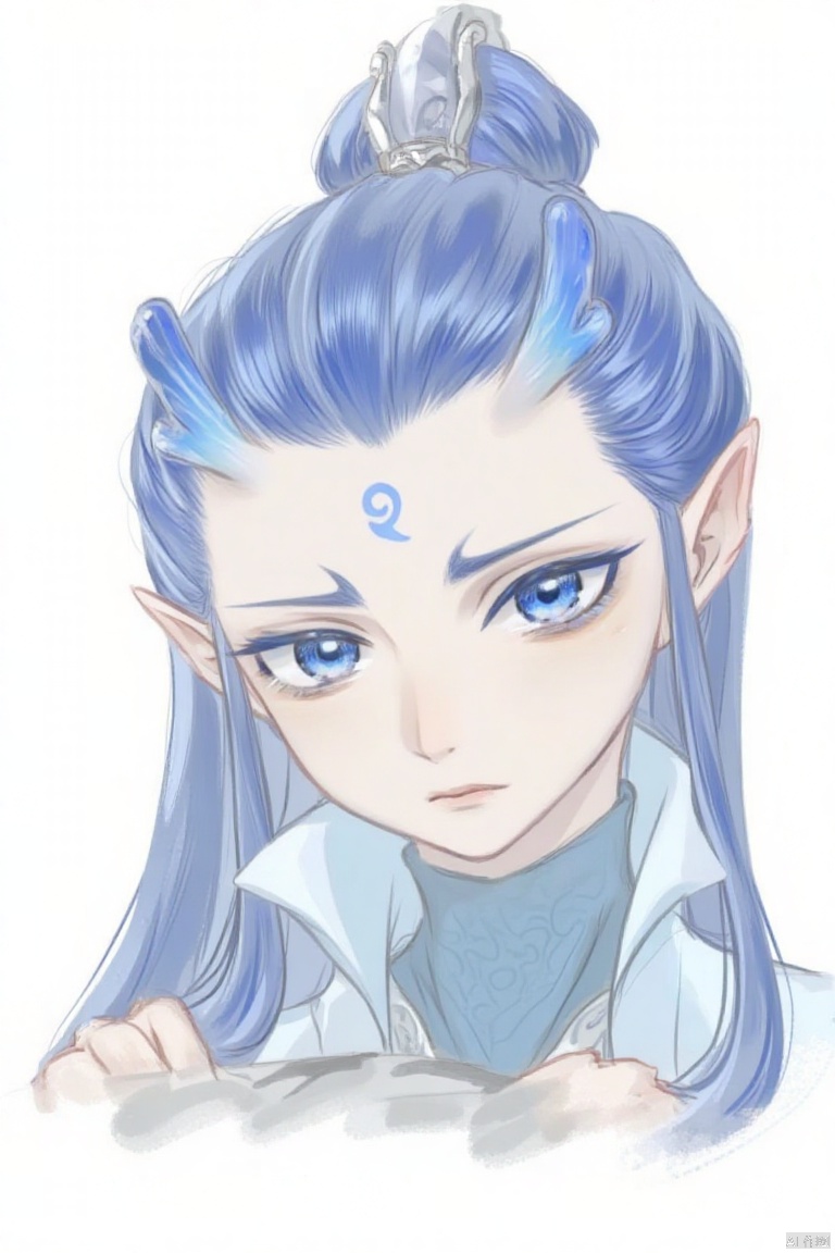 yanshangyue_aobing

An animated drawing of a girl with blue hair and blue eyes. Her hair is tied up in a ponytail with a bow at the top of it. Her eyes are a piercing blue color. Her eyebrows are a darker shade of blue as well as her lips are a lighter shade of brown. She is wearing a light blue shirt with a white collar. Her left hand is resting on her hip and her right hand is holding a black object. The background is a solid white.