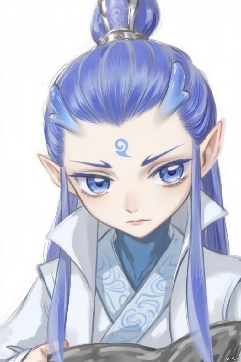 yanshangyue_aobing

An animated drawing of a girl with blue hair and blue eyes. Her hair is tied up in a ponytail with a bow at the top of it. Her eyes are a piercing blue color. Her eyebrows are a darker shade of blue as well as her lips are a lighter shade of brown. She is wearing a light blue shirt with a white collar. Her left hand is resting on her hip and her right hand is holding a black object. The background is a solid white.