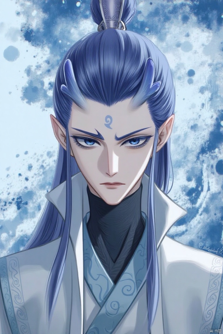 yanshangyue_aobing

An animated image of a man with blue hair and a gray kimono. He is wearing a black turtleneck and a blue belt around his waist. His eyes are blue and he has a serious expression on his face. His hair is long and cascades over his shoulders. His head is adorned with a gray crown on top of his head. The background is a mix of blue and white clouds.