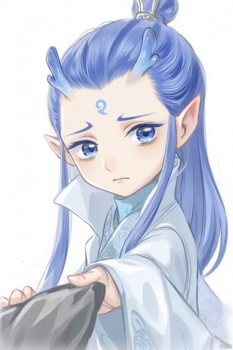 yanshangyue_aobing

An animated drawing of a girl with blue hair and blue eyes. Her hair is tied up in a ponytail with a bow at the top of it. Her eyes are a piercing blue color. Her eyebrows are a darker shade of blue as well as her lips are a lighter shade of brown. She is wearing a light blue shirt with a white collar. Her left hand is resting on her hip and her right hand is holding a black object. The background is a solid white.