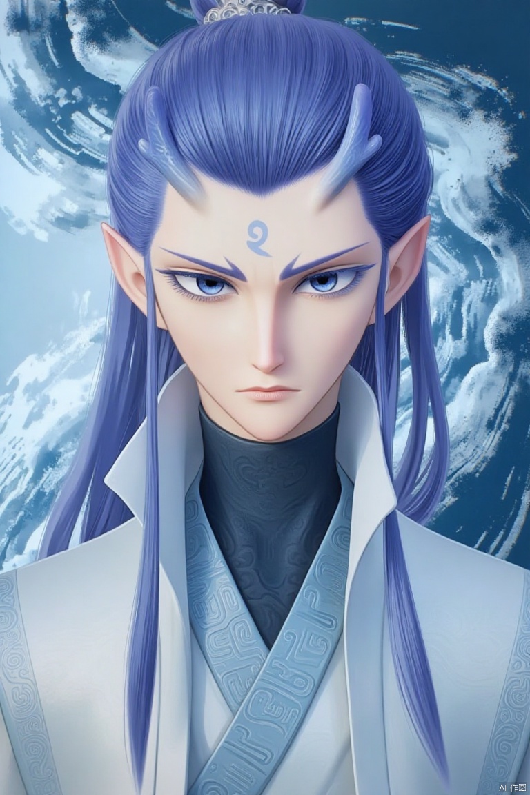 yanshangyue_aobing

An animated image of a man with blue hair and a gray kimono. He is wearing a black turtleneck and a blue belt around his waist. His eyes are blue and he has a serious expression on his face. His hair is long and cascades over his shoulders. His head is adorned with a gray crown on top of his head. The background is a mix of blue and white clouds.