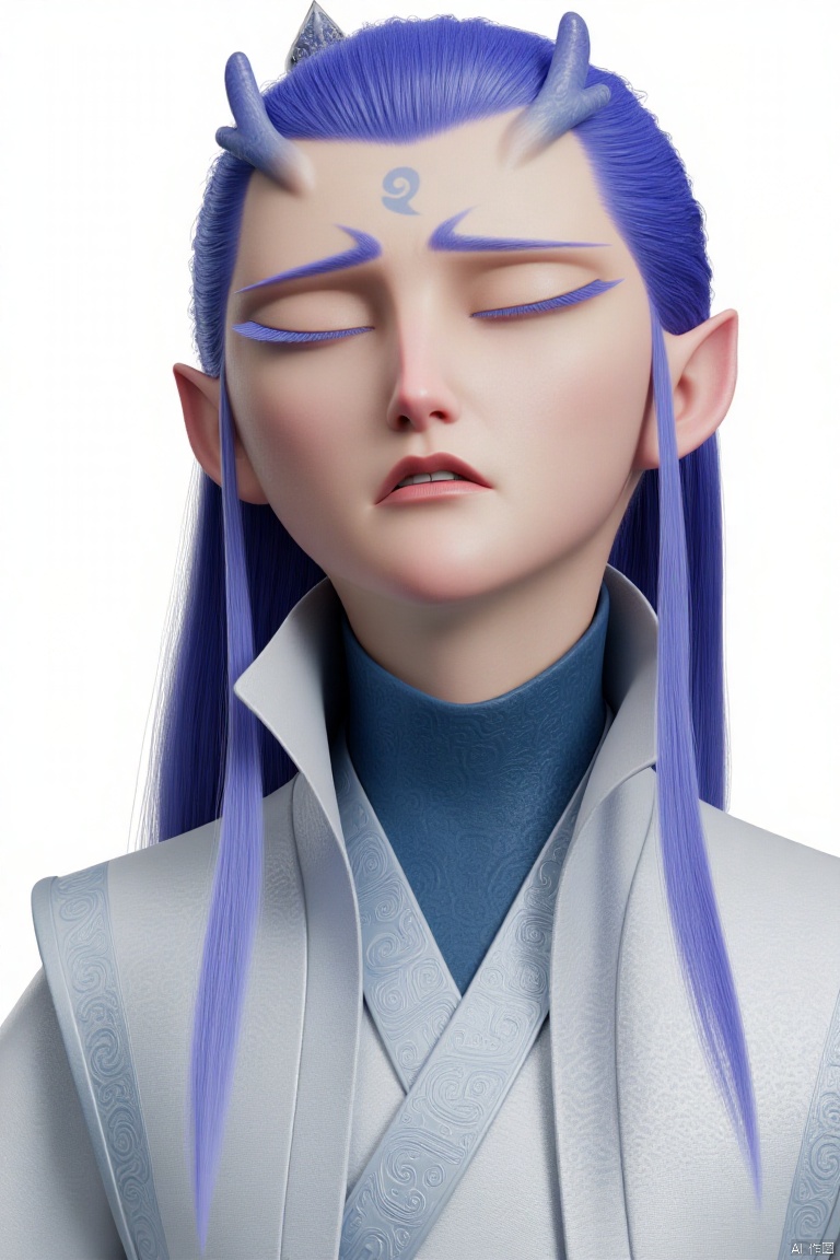yanshangyue_aobing

a 3D rendering of a Asian woman's head is adorned with blue hair

adorned with two horns on either side of her head. Her eyes are closed

and her lips are pursed. She is wearing a light gray kimono with a blue t-shirt underneath. The backdrop is a stark white

creating a stark contrast to her outfit.

