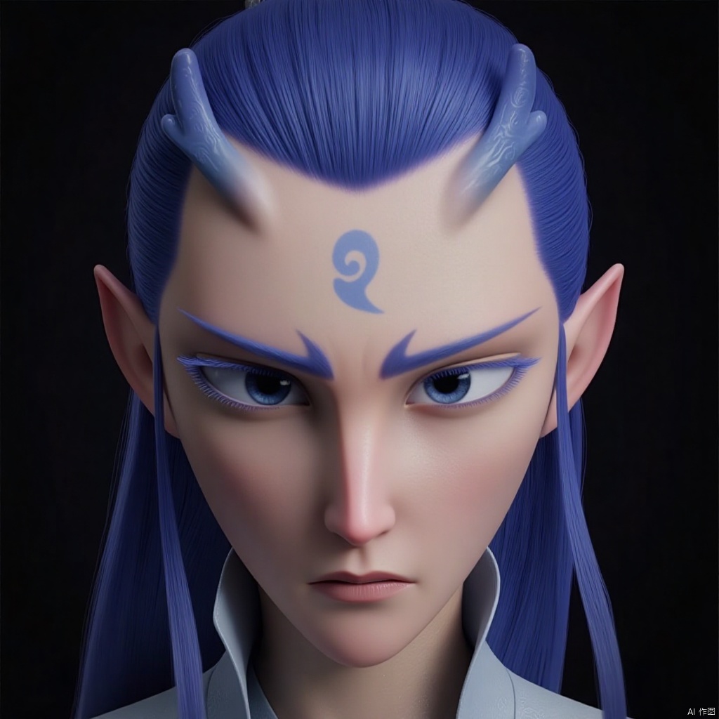 yanshangyue_aobing

a close-up shot of a cartoon character's face is depicted in a stark contrast with the dark background. The character's eyes are a piercing blue

and their hair is a vibrant shade of blue

adding a pop of color to the scene. The head is adorned with a blue number 2 in the upper right corner of the face

adding depth to the overall composition