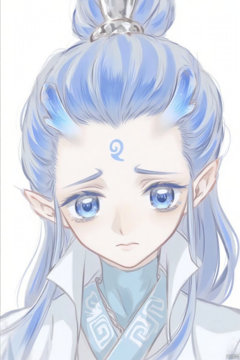 yanshangyue_aobing

An animated drawing of a girl with blue hair and blue eyes. Her hair is tied up in a ponytail with a bow at the top of it. Her eyes are a piercing blue color. Her eyebrows are a darker shade of blue as well as her lips are a lighter shade of brown. She is wearing a light blue shirt with a white collar. Her left hand is resting on her hip and her right hand is holding a black object. The background is a solid white.