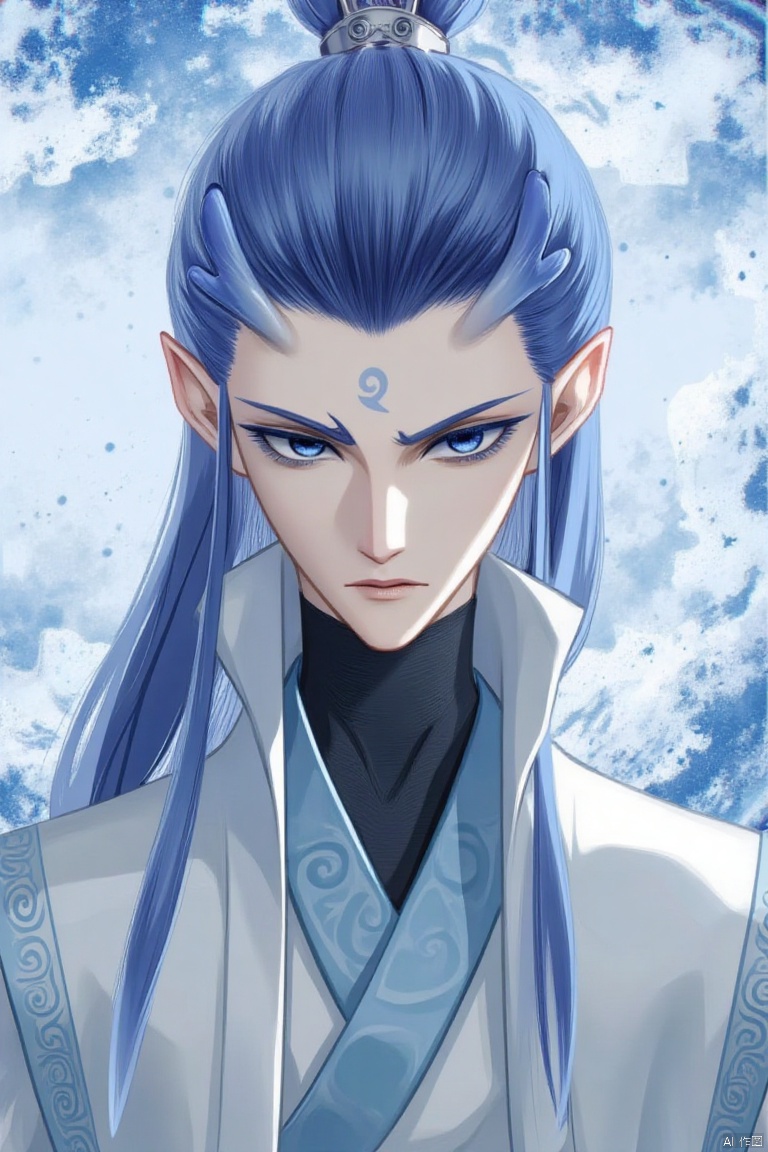 yanshangyue_aobing

An animated image of a man with blue hair and a gray kimono. He is wearing a black turtleneck and a blue belt around his waist. His eyes are blue and he has a serious expression on his face. His hair is long and cascades over his shoulders. His head is adorned with a gray crown on top of his head. The background is a mix of blue and white clouds.