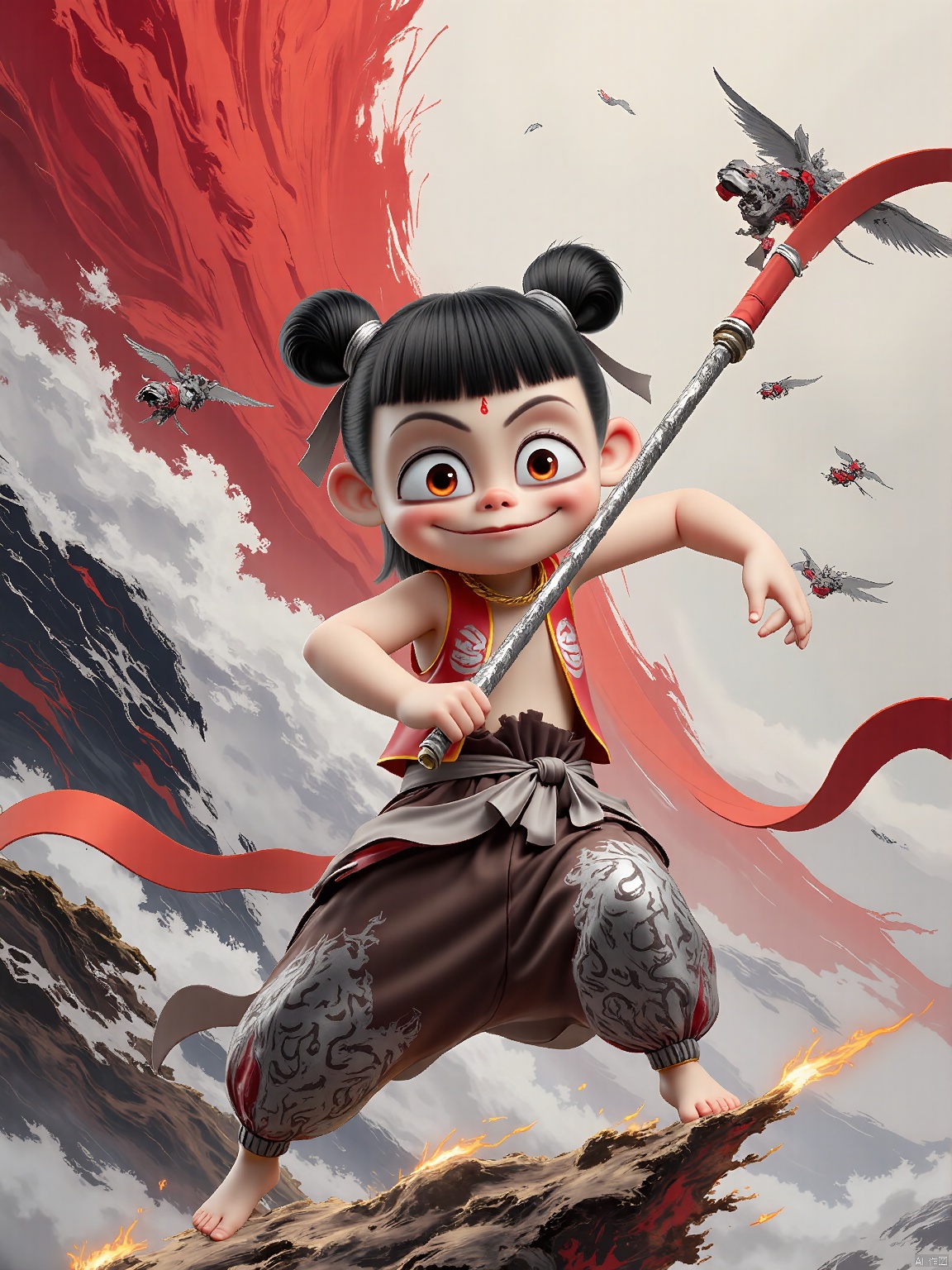 NZ, Digital illustration of a fierce, young warrior woman with a thoughtful and introspective expression. Her short black hair is styled into two high buns tied with gray ribbons. She wears a gray and silver outfit that looks like woven metal, complemented by black and silver mechanical-patterned pants. She wields a long, staff made of interlocking gears, standing on a platform of floating machinery. The background is a futuristic, industrial landscape filled with hovering vehicles and neon lights. The art style is mechanical and sleek, with a cyberpunk fantasy theme.