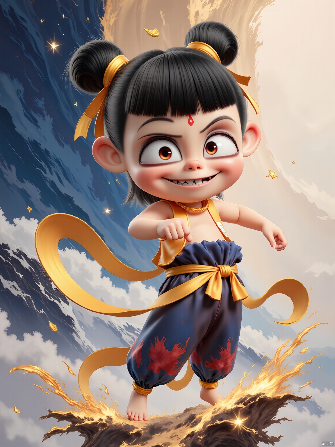 NZ, A young girl with black hair styled in twin buns, wearing a blue and gold outfit with a blue ribbon tied around her waist, stands proudly on a floating island with stars beneath her feet. She sports a playful smile, wide eyes, and a gold star on her forehead. Gold ribbons twirl around her, and the background showcases a cosmic landscape with shimmering galaxies. The image is a digital illustration in a dreamy, ethereal style.