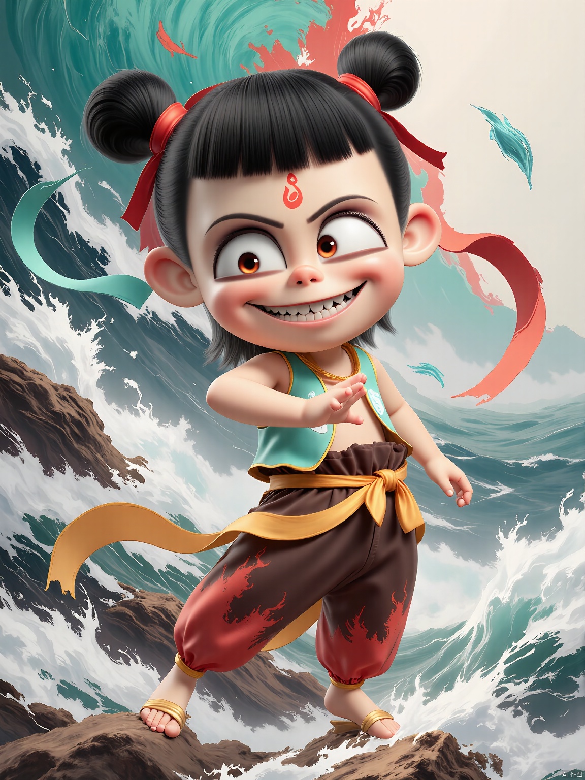 NZ, A young girl with black hair styled in twin buns, adorned in a mint green and coral costume with a mint green ribbon tied at her waist, stands confidently on a rocky shore by a crashing wave. Her playful smile and intense eyes are highlighted by a coral reef symbol on her forehead. Mint green ribbons swirl around her, and the background features a dramatic seaside landscape with towering cliffs and crashing waves. The image is a digital illustration in a dynamic, oceanic style.