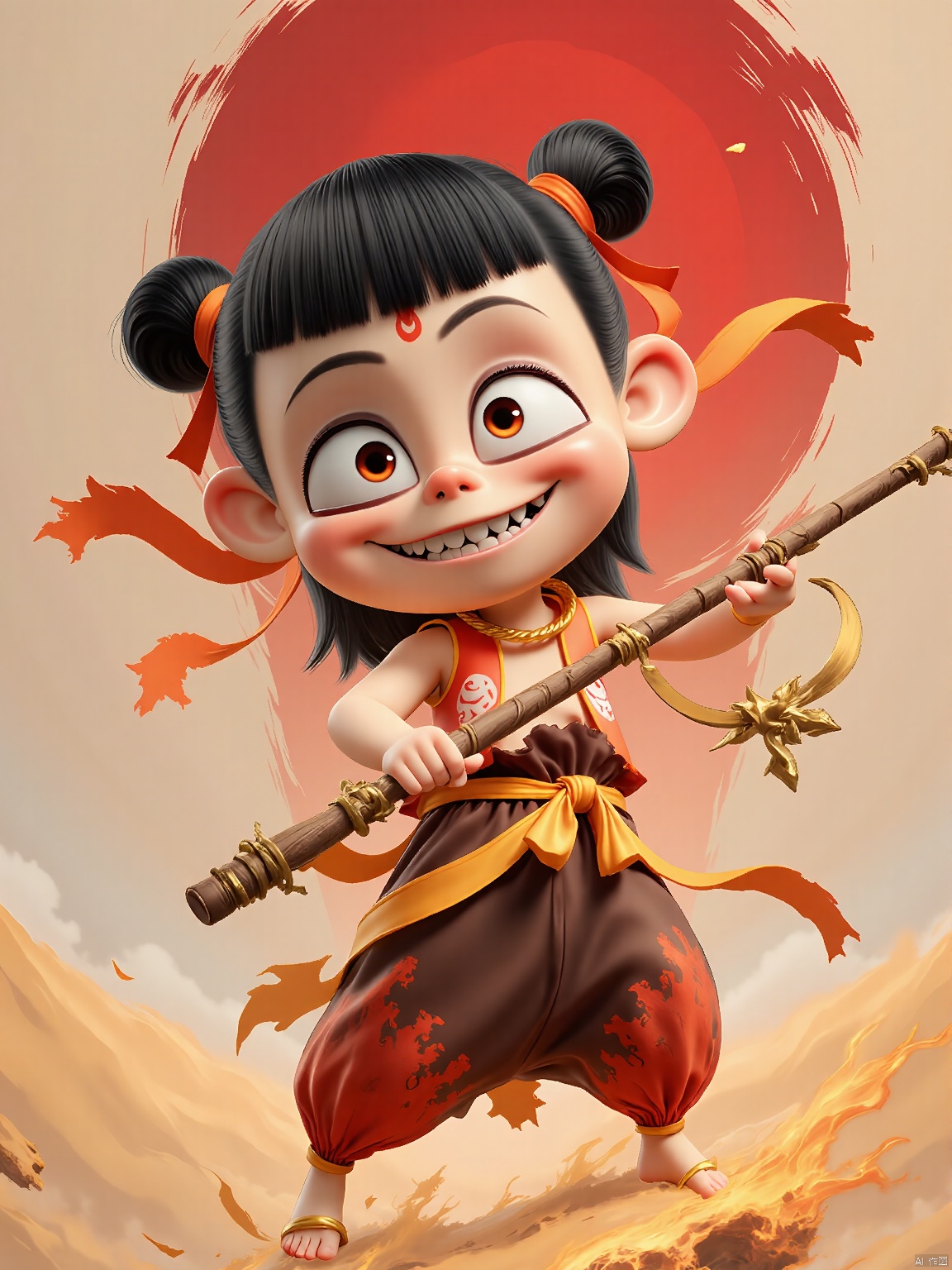 NZ, Digital illustration of a fierce, young warrior woman with a curious and adventurous smile. Her short black hair is styled into two high buns tied with orange ribbons. She wears an orange and brown outfit that mimics the texture of leather, paired with yellow and brown desert-patterned pants. She wields a long, staff made of twisted vines, standing on a platform of shifting sands. The background is a vast, golden desert under a blood-red sunset, evoking a sense of exploration and mystery. The art style is rugged and vivid, with a desert fantasy theme.