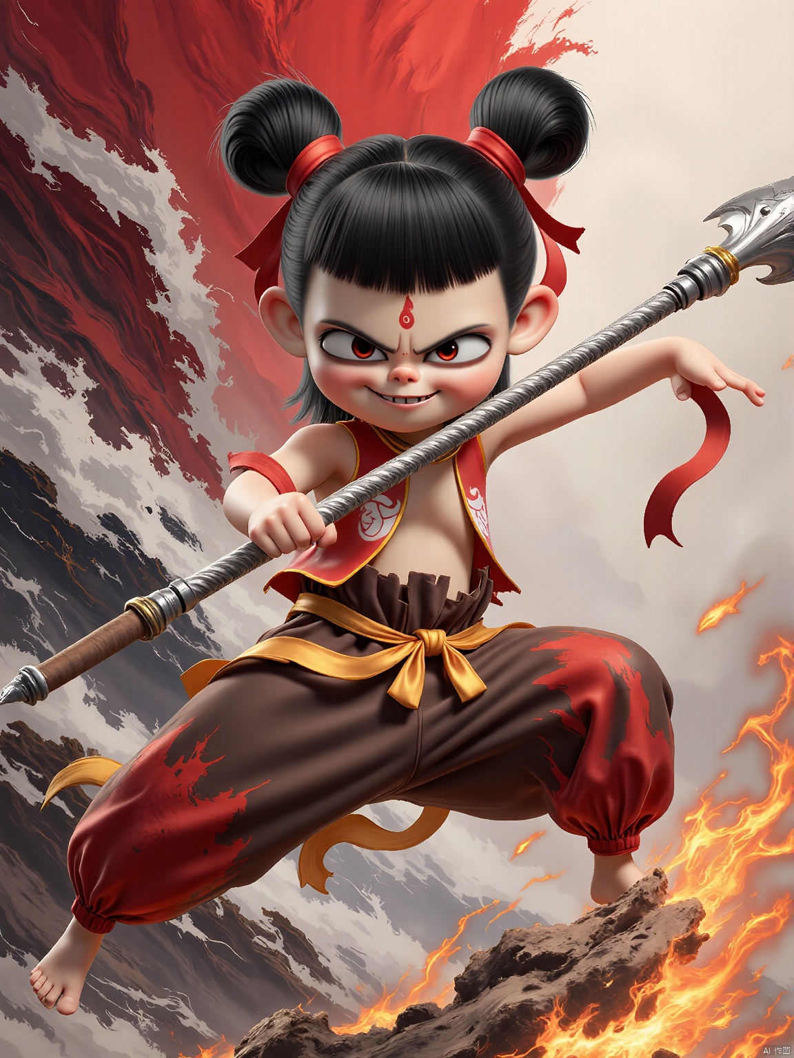 NZ, Digital illustration of a fierce, young warrior woman with a determined and battle-ready stance. Her short black hair is styled into two high buns adorned with black ribbons. She wears a black and red outfit that looks like interwoven leather straps, matched with dark gray and red battle-scarred pants. She wields a long, staff made of twisted steel topped with a sharp spike, standing on a platform of broken chains. The background is a battle-torn, smoky ruin filled with the remnants of shattered structures and blazing fires. The art style is gritty and intense, with a post-apocalyptic fantasy theme.