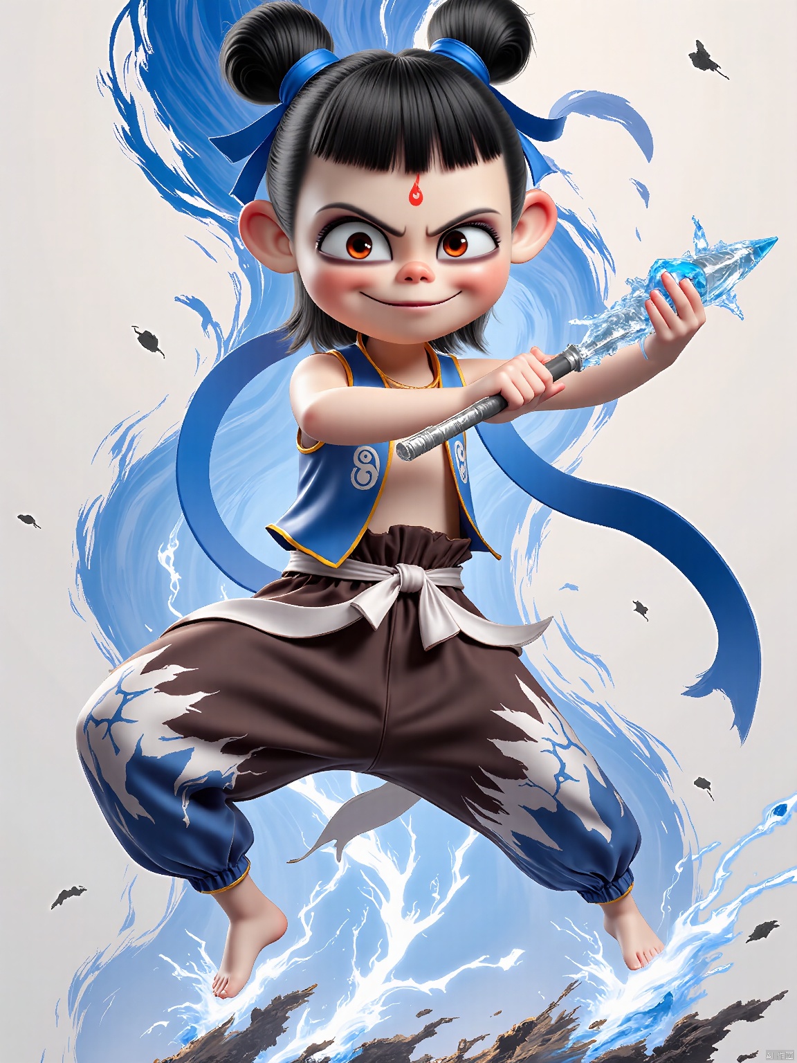 NZ, Digital illustration of a fierce, young warrior woman with an intense gaze. Her short black hair is styled into two high buns adorned with blue ribbons. She wears a blue and silver outfit with a sleek, form-fitting design and black and white lightning-patterned pants. Clutching a long, crystal staff embedded with sapphires, she stands atop a platform of lightning bolts. The background is a swirling, electric gradient, enhancing the sense of power and urgency. The art style is intricate and energetic, with a sci-fi fantasy theme.