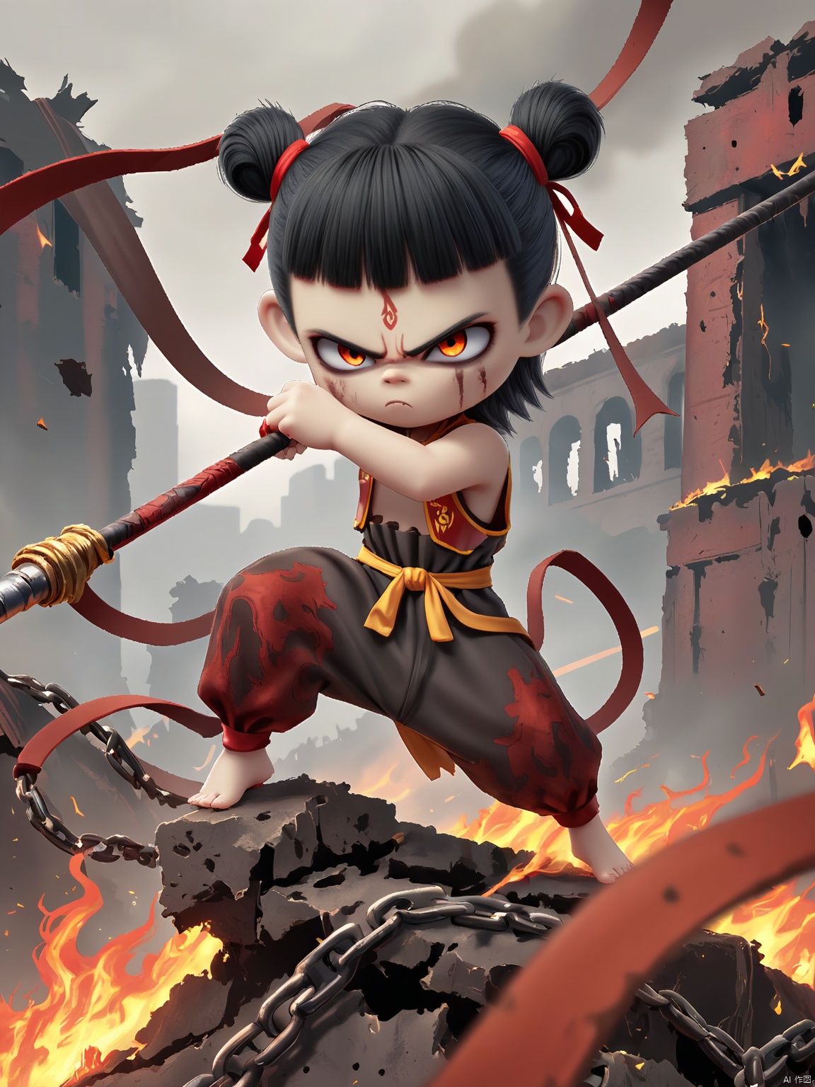 NZ, Digital illustration of a fierce, young warrior woman with a determined and battle-ready stance. Her short black hair is styled into two high buns adorned with black ribbons. She wears a black and red outfit that looks like interwoven leather straps, matched with dark gray and red battle-scarred pants. She wields a long, staff made of twisted steel topped with a sharp spike, standing on a platform of broken chains. The background is a battle-torn, smoky ruin filled with the remnants of shattered structures and blazing fires. The art style is gritty and intense, with a post-apocalyptic fantasy theme.