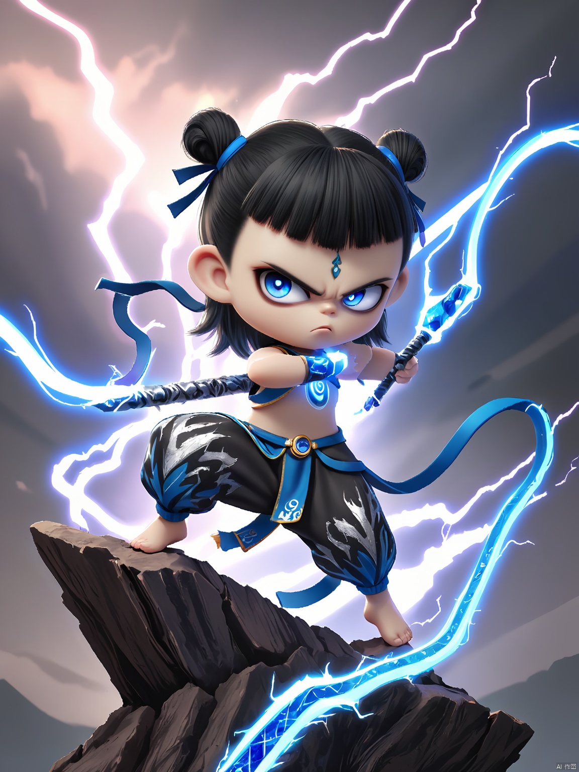 NZ, Digital illustration of a fierce, young warrior woman with an intense gaze. Her short black hair is styled into two high buns adorned with blue ribbons. She wears a blue and silver outfit with a sleek, form-fitting design and black and white lightning-patterned pants. Clutching a long, crystal staff embedded with sapphires, she stands atop a platform of lightning bolts. The background is a swirling, electric gradient, enhancing the sense of power and urgency. The art style is intricate and energetic, with a sci-fi fantasy theme.