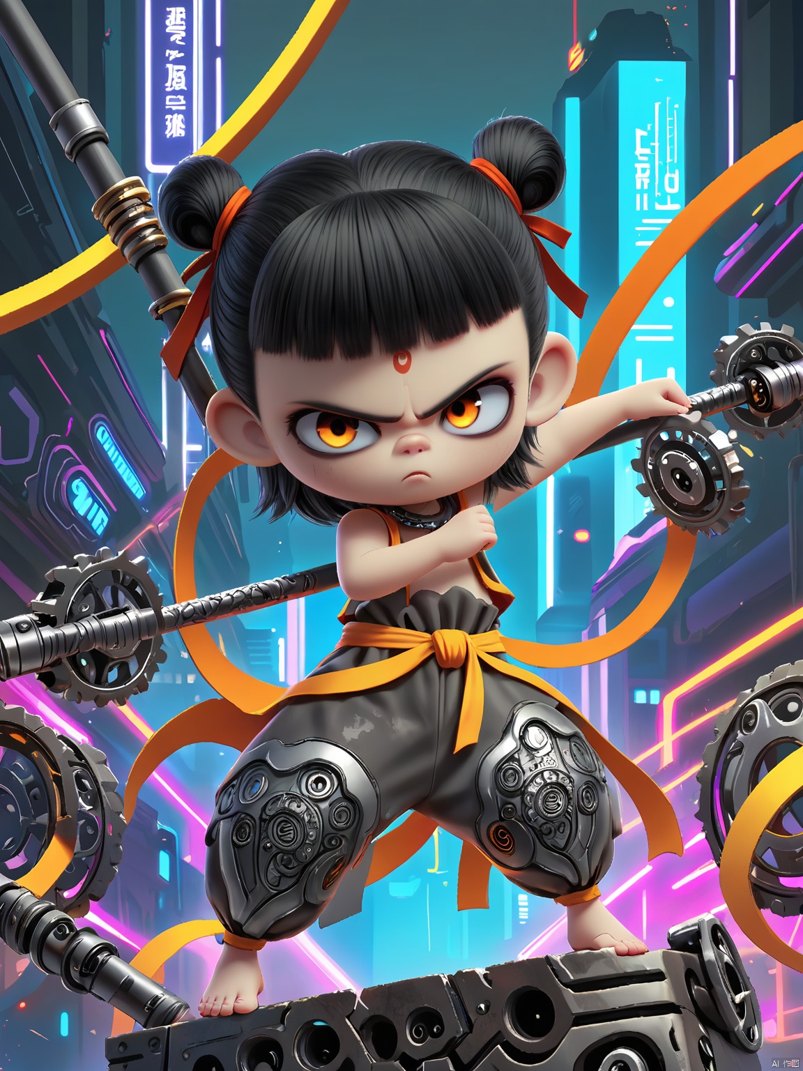 NZ, Digital illustration of a fierce, young warrior woman with a thoughtful and introspective expression. Her short black hair is styled into two high buns tied with gray ribbons. She wears a gray and silver outfit that looks like woven metal, complemented by black and silver mechanical-patterned pants. She wields a long, staff made of interlocking gears, standing on a platform of floating machinery. The background is a futuristic, industrial landscape filled with hovering vehicles and neon lights. The art style is mechanical and sleek, with a cyberpunk fantasy theme.