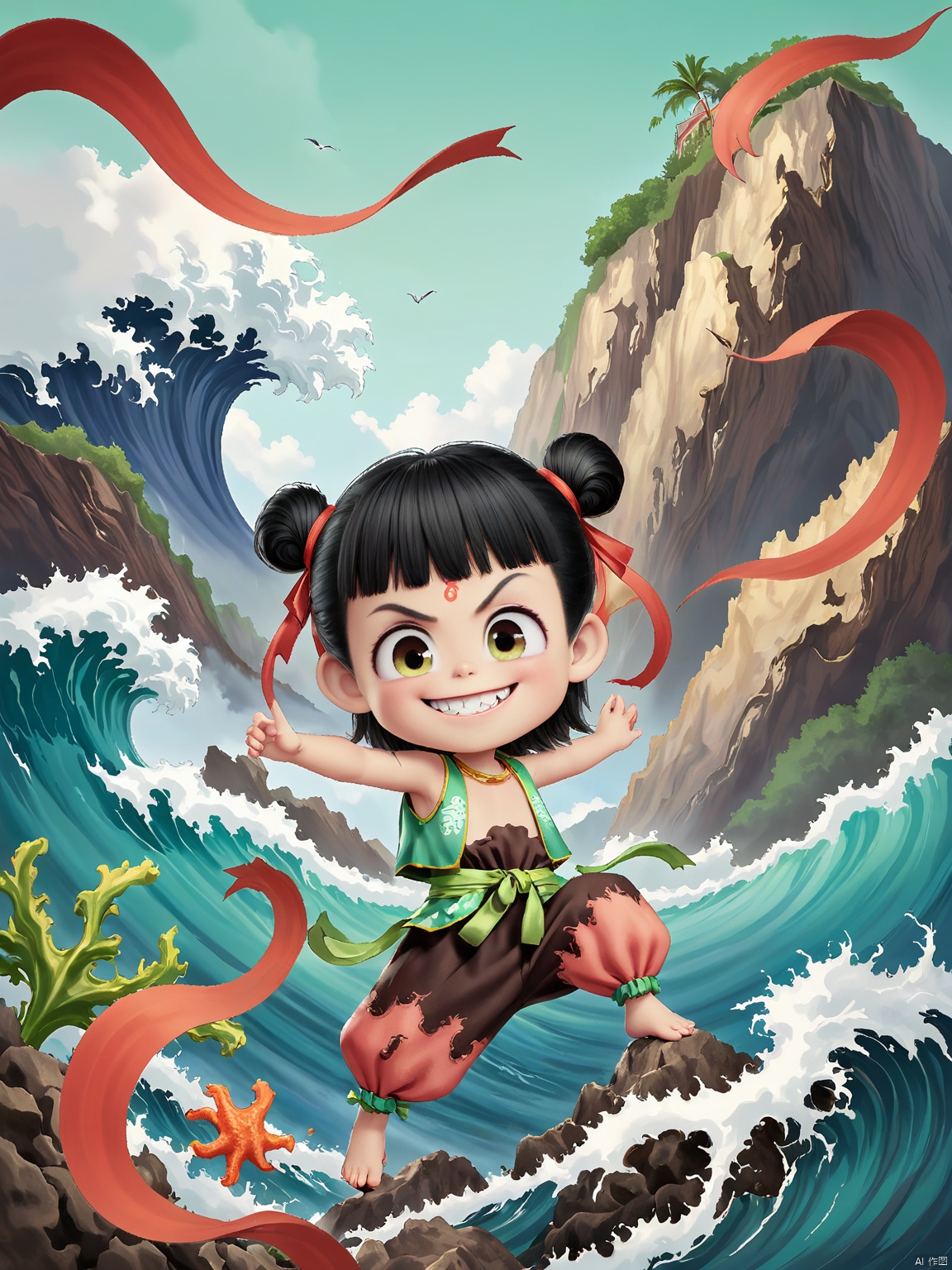 NZ, A young girl with black hair styled in twin buns, adorned in a mint green and coral costume with a mint green ribbon tied at her waist, stands confidently on a rocky shore by a crashing wave. Her playful smile and intense eyes are highlighted by a coral reef symbol on her forehead. Mint green ribbons swirl around her, and the background features a dramatic seaside landscape with towering cliffs and crashing waves. The image is a digital illustration in a dynamic, oceanic style.