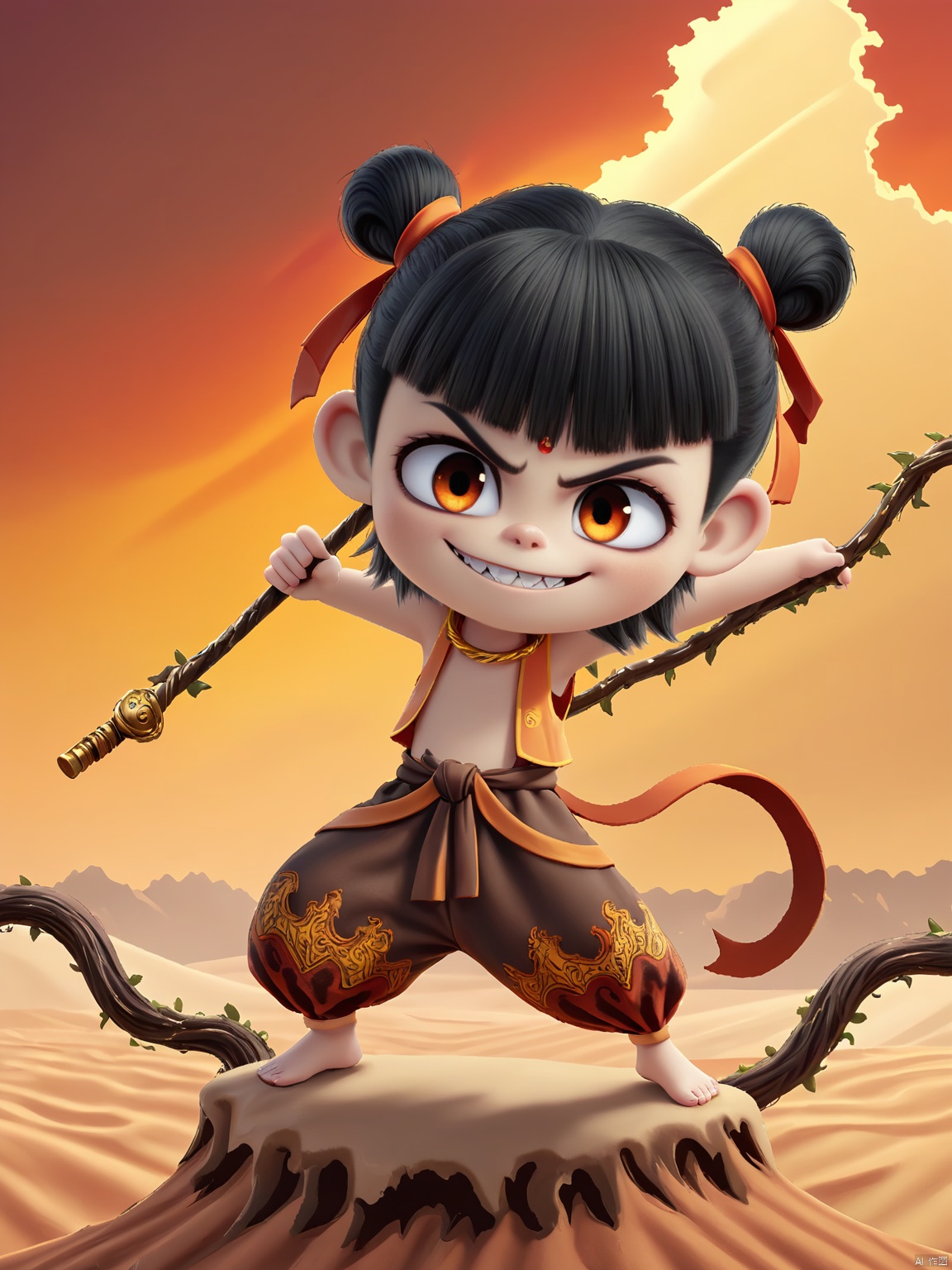 NZ, Digital illustration of a fierce, young warrior woman with a curious and adventurous smile. Her short black hair is styled into two high buns tied with orange ribbons. She wears an orange and brown outfit that mimics the texture of leather, paired with yellow and brown desert-patterned pants. She wields a long, staff made of twisted vines, standing on a platform of shifting sands. The background is a vast, golden desert under a blood-red sunset, evoking a sense of exploration and mystery. The art style is rugged and vivid, with a desert fantasy theme.