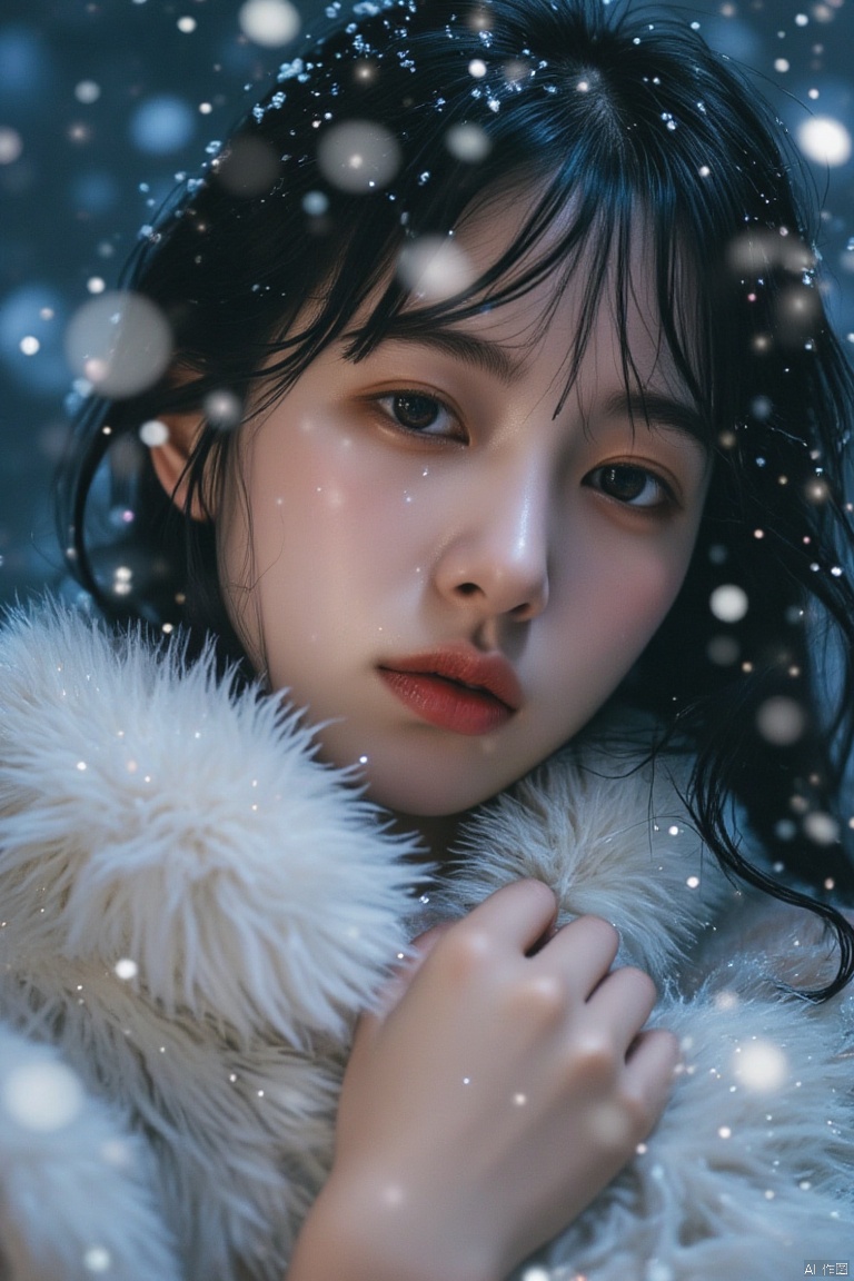  Starlight filter,with white dots dotting the entire image,Porcelain skin is as flawless as fine china, and rosebud lips are charmingly vivid. In the blizzard, she is wrapped in a fur blanket, appearing extremely fragile, as if a gust of wind could blow her over. However, her stubborn eyes reveal a kind of tenacious strength.