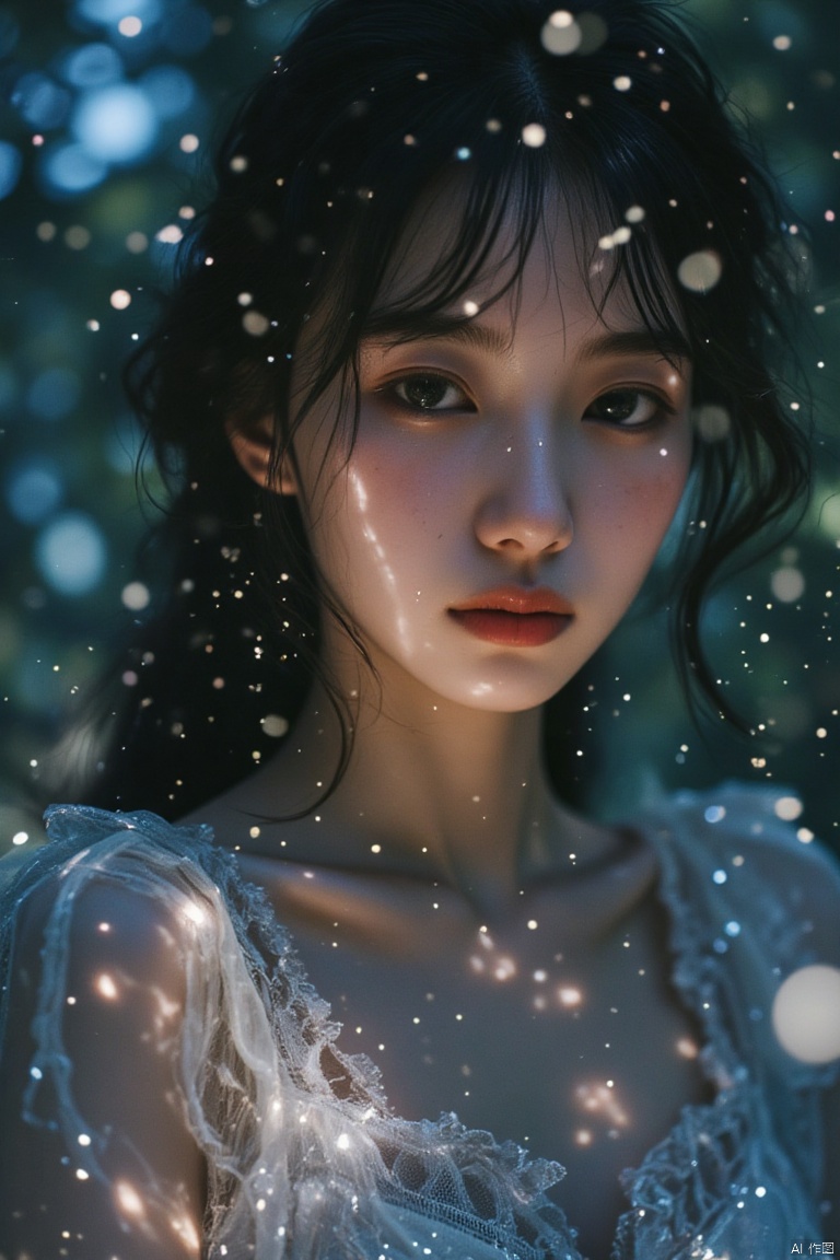 Starlight filter,with white dots dotting the entire image,Emerald green eyes are deep and mysterious, and the freckles on her face add a touch of playfulness. In the morning misty forest, she casts a mysterious glance and smiles, as if hiding countless secrets unknown to others, making people want to explore.