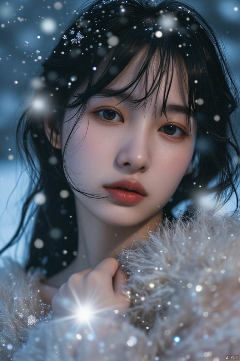  Starlight filter,with white dots dotting the entire image,Porcelain skin is as flawless as fine china, and rosebud lips are charmingly vivid. In the blizzard, she is wrapped in a fur blanket, appearing extremely fragile, as if a gust of wind could blow her over. However, her stubborn eyes reveal a kind of tenacious strength.