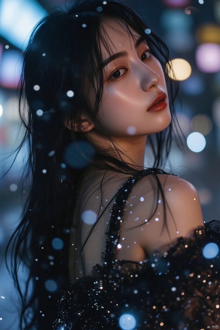 Starlight filter,with white dots dotting the entire image,a Asian young woman with long dark hair wearing a black dress,The unique charm of heterochromia iridum is unforgettable, and the smudged makeup has a kind of unruly beauty. Under the neon lights in the rainy night street, her mocking smile carries a kind of disdainful arrogance, as if mocking the hypocrisy and vanity of this world.