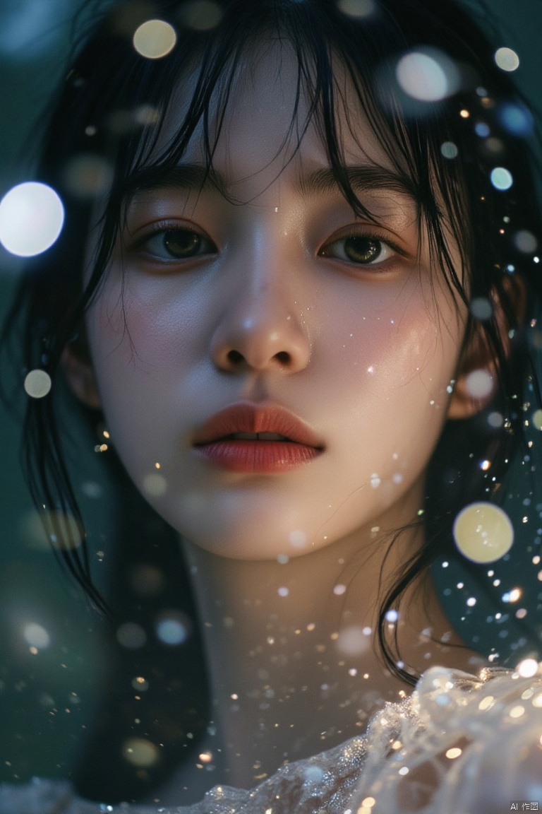 Starlight filter,with white dots dotting the entire image,Emerald green eyes are deep and mysterious, and the freckles on her face add a touch of playfulness. In the morning misty forest, she casts a mysterious glance and smiles, as if hiding countless secrets unknown to others, making people want to explore.