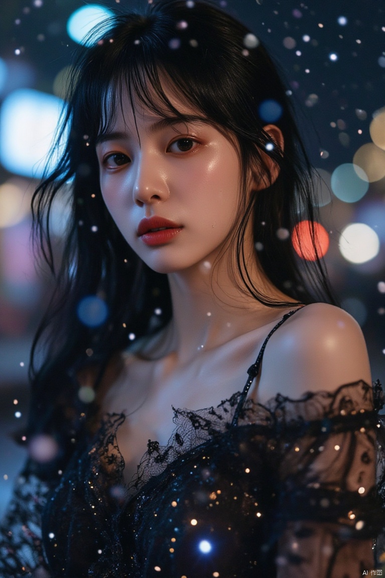Starlight filter,with white dots dotting the entire image,a Asian young woman with long dark hair wearing a black dress,The unique charm of heterochromia iridum is unforgettable, and the smudged makeup has a kind of unruly beauty. Under the neon lights in the rainy night street, her mocking smile carries a kind of disdainful arrogance, as if mocking the hypocrisy and vanity of this world.