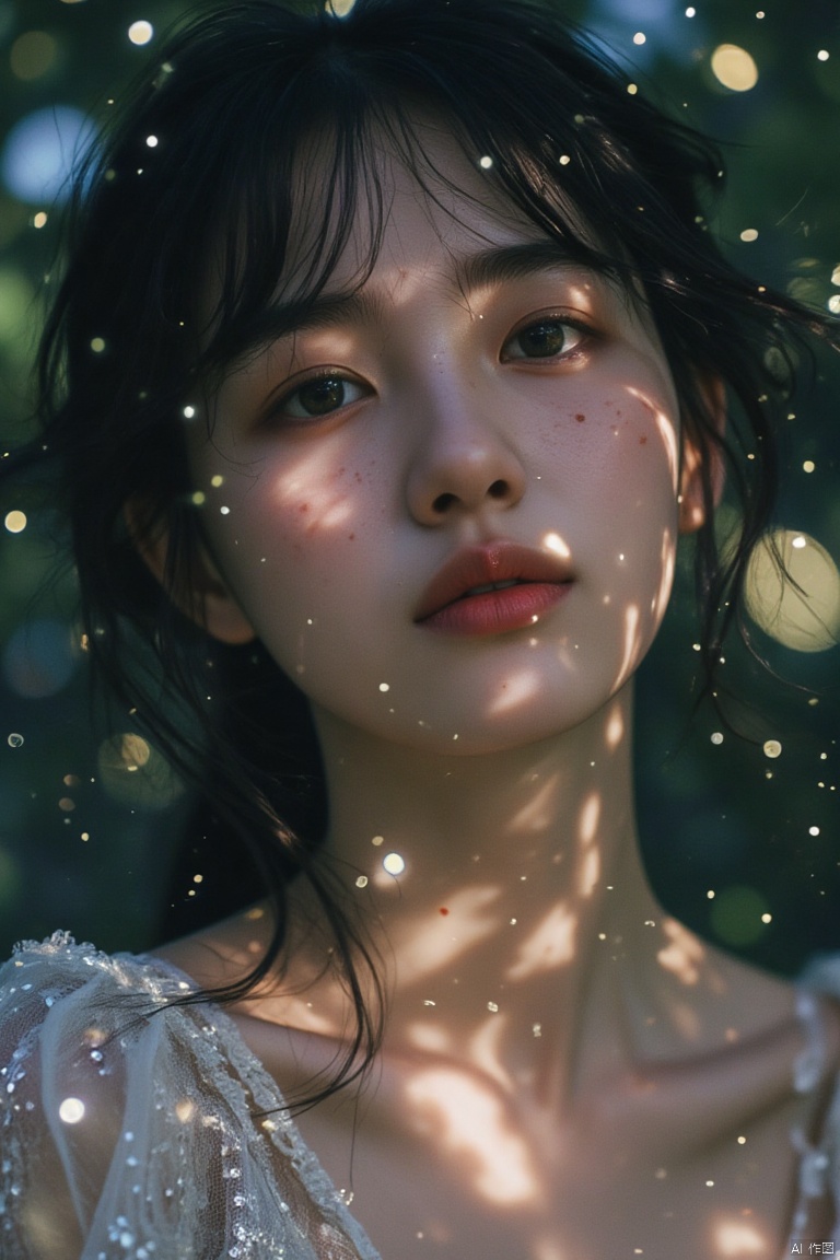 Starlight filter,with white dots dotting the entire image,Emerald green eyes are deep and mysterious, and the freckles on her face add a touch of playfulness. In the morning misty forest, she casts a mysterious glance and smiles, as if hiding countless secrets unknown to others, making people want to explore.