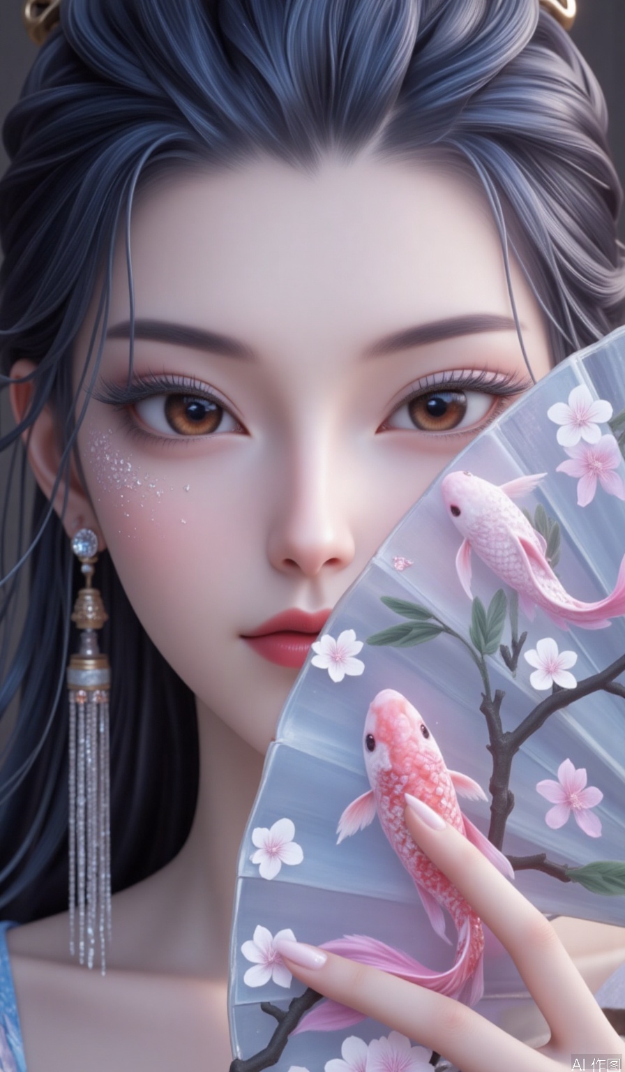 Realistic,Black-haired woman, Brown eyes,Long eyelashes,Eyelashes,Eye shadow,Lips, eye makeup with glitter pink, pink carp beside her cheeks, and a fan decorated with bamboo leaves and white flowers covers half of her face, close-up of half of her face. Wear long tassel earrings, with gem embellishments, close-ups of the face, ancient style, and beautiful style.,eyeshadow,1girl