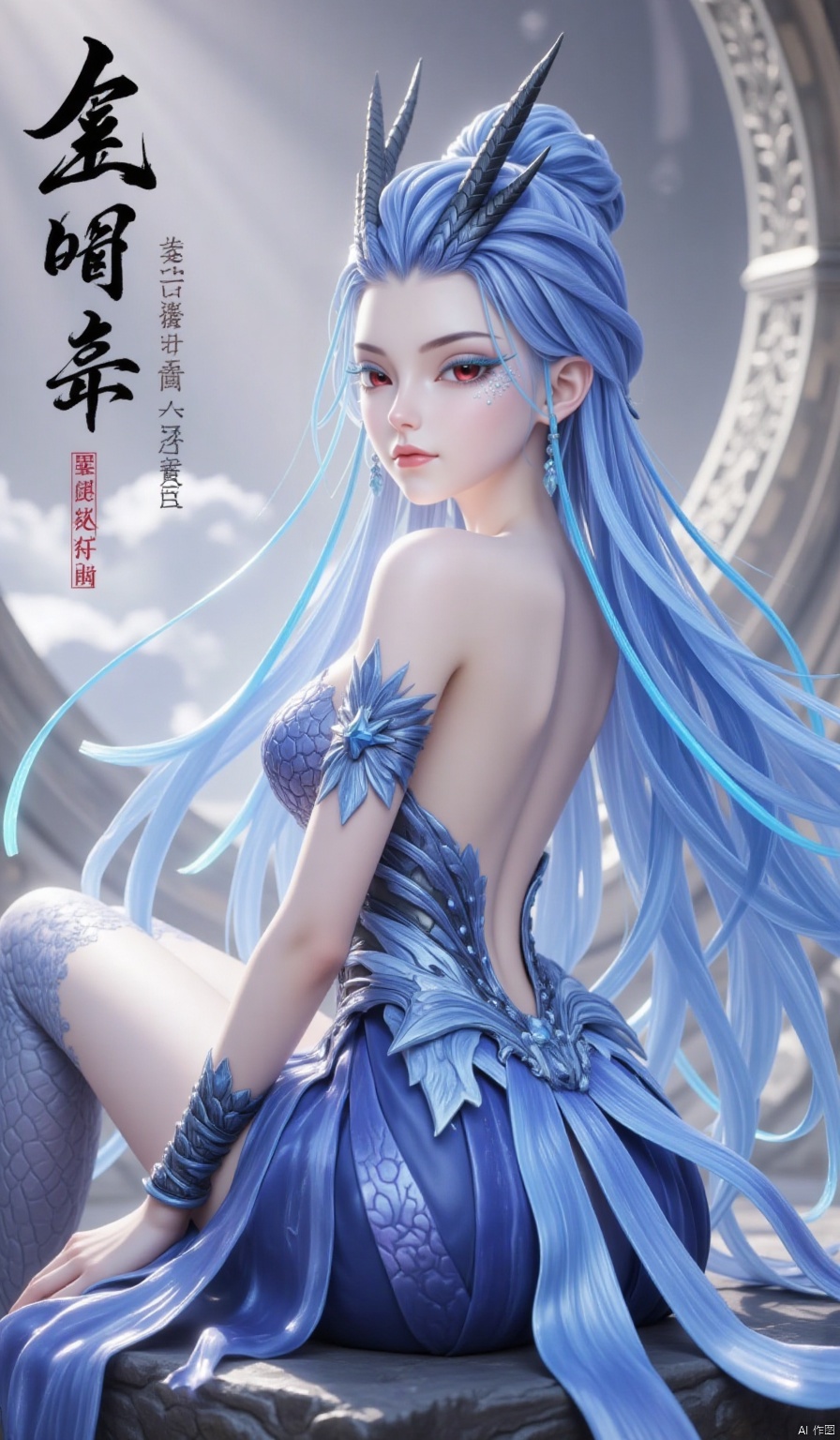 1girl,Long light blue hair,Blue eye shadow,Dragon horn,Red eye,Earrings,Eyelashes,Scales,1girl, solo, breasts, looking at viewer, black hair, hair ornament, jewelry, sitting, looking back, hair bun, bracelet, sideboob, back,, armlet, backless outfit, realistic, chinese text, bare back