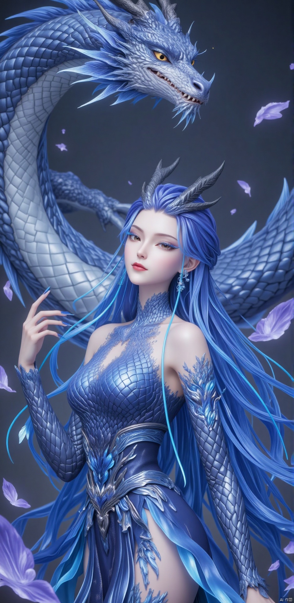 1 girl,solo,full body,Blue hair,long hair,Gaze down,One's mouth turns upward,Exaggerated nail length,Blue with colored nails,Confident look,Blue-purple eyeshadow,dragon scales,Off-the-shoulder dress,A dragon hovered overhead,
render,technology, (best quality) (masterpiece), (highly in detailed), 4K,Official art, unit 8 k wallpaper, ultra detailed, masterpiece, best quality, extremely detailed,CG,Ink painting style,
