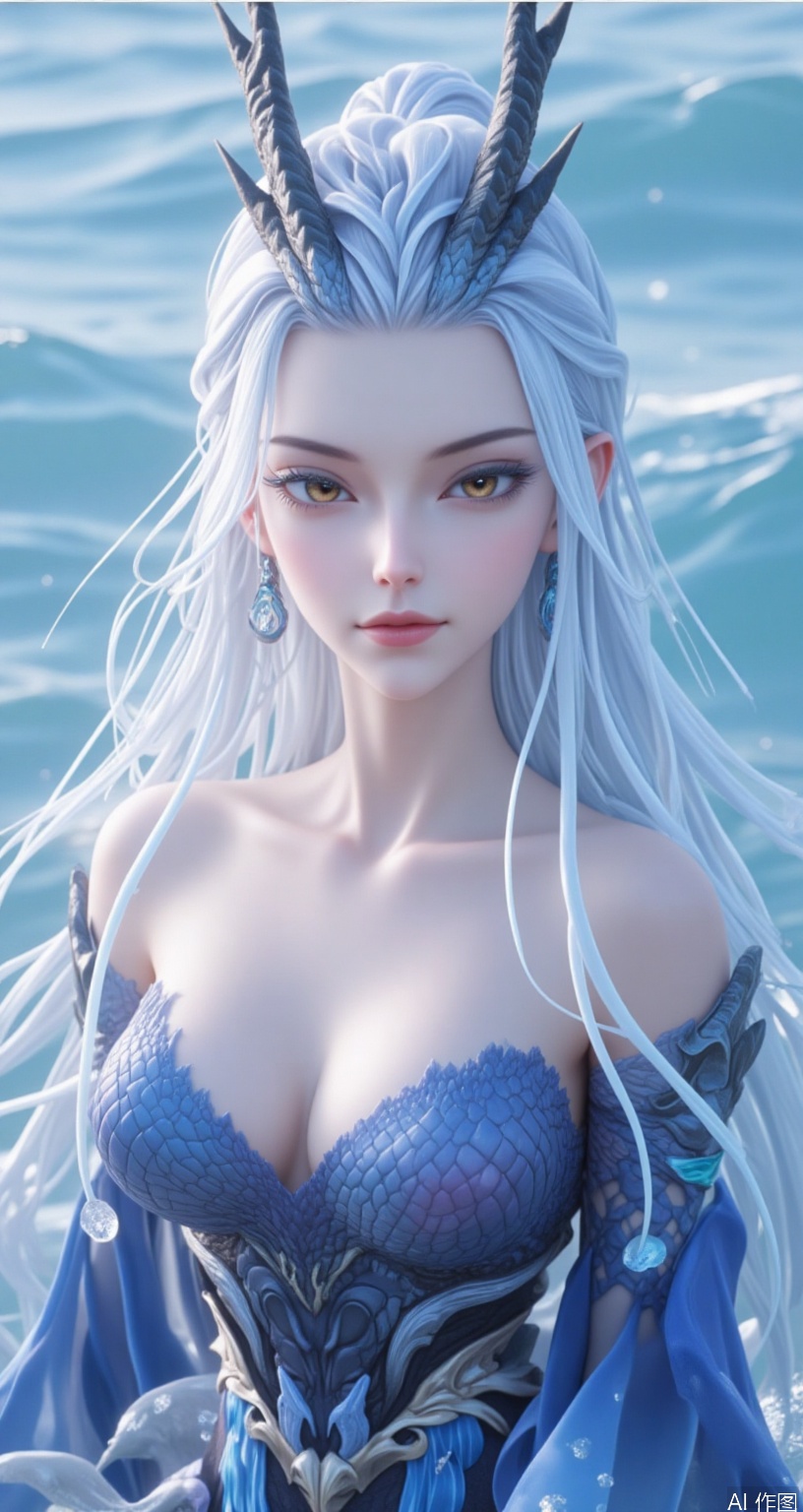 Realistic,1girl,white hair,dragon horns,Swimming on the sea,White skin,Big breasts,Shell clothing,Sexy women,