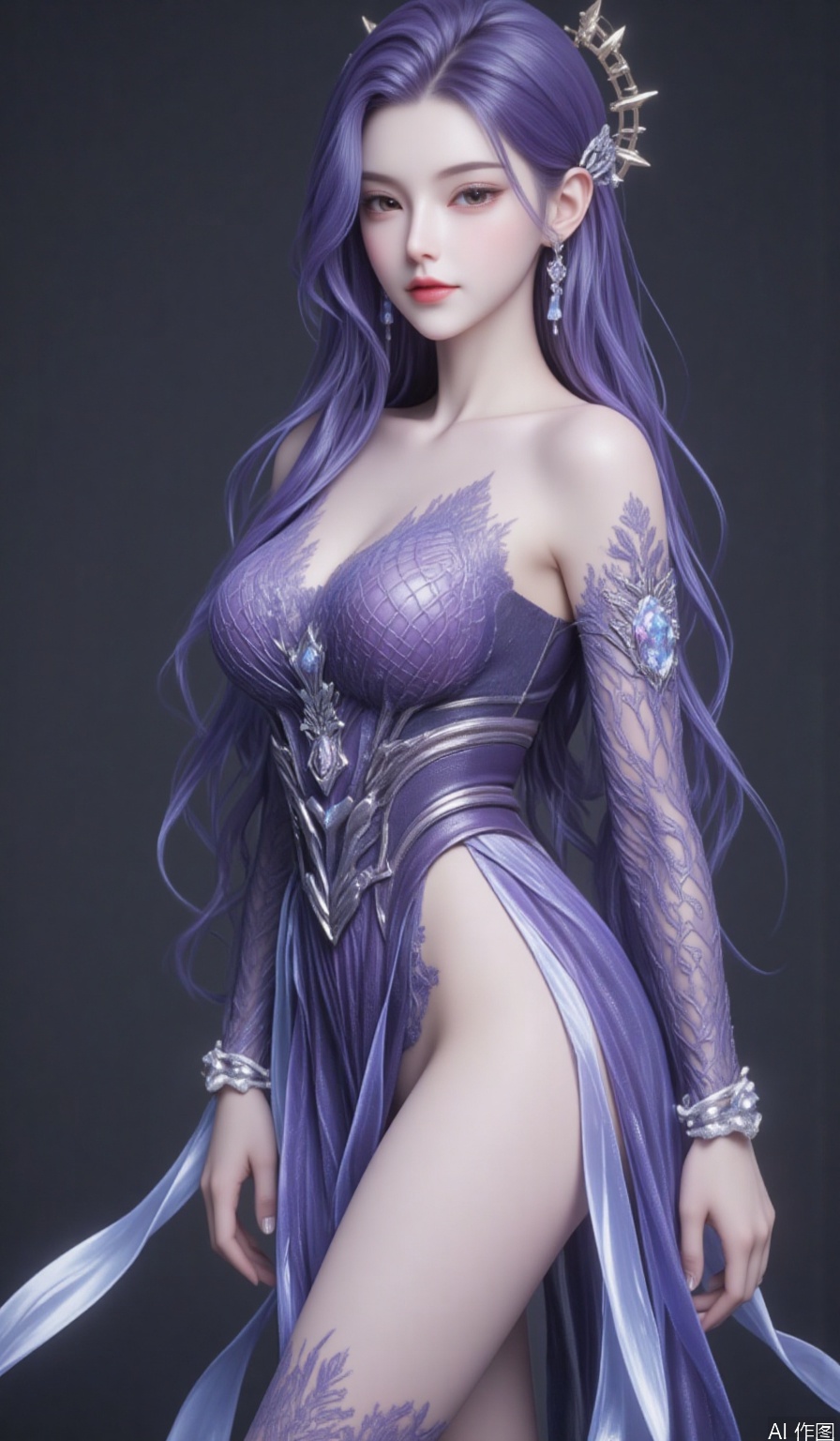 (8k, RAW photo, best quality, masterpiece:1.2),solo,pov,(super realistic, photo-realistic:1.3), ultra-detailed, extremely detailed cg 8k wallpaper,hatching (texture),skin gloss,light persona,(crystalstexture skin:1.2), (extremely delicate and beautiful), (white skin:1.2),ultra realistic 8k cg, flawless, clean, masterpiece, professional artwork, famous artwork, cinematic lighting, cinematic bloom, perfect face, beautiful face, fantasy, dreamlike, unreal, science fiction, lace, lace trim, lace-trimmed legwear, luxury, jewelry, diamond, pearl, gem, sapphire, ruby, emerald, intricate detail, delicate pattern, charming, alluring, seductive, erotic, enchanting, hair ornament, necklace, earrings, bracelet, armlet,halo,,(((Best quality, masterpiece, ultra high res, (photorealistic:1.4), raw photo, 1girl, wet clothes, )))1girl,arms behind back,long hair, solo, (((very_long_hair))),bare_shoulders,purple hair, long dress,hair ornament,pov,(full shot), (breasts,medium_breasts, cleavage:1.2),looking_at_viewer,